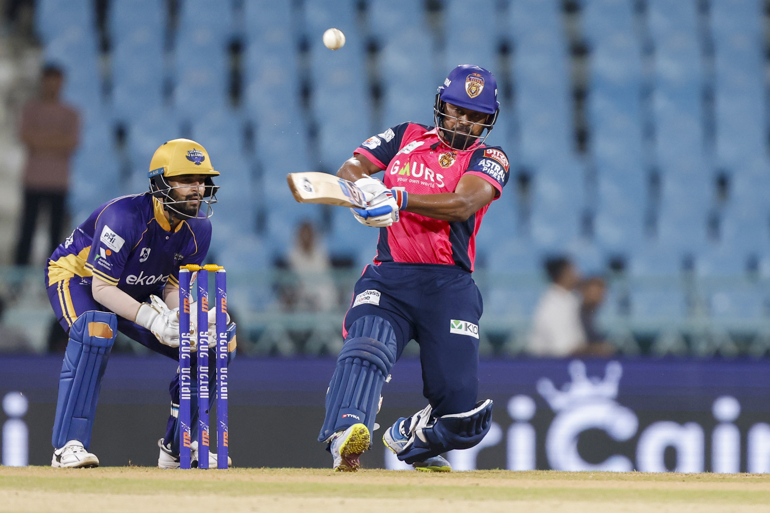 Nishant Kushwaha of Gaur Gorakhpur Lions play a shot during the UPT20 League Season 4 evening clash on 15 August 2026 at Bharat Ratna Shri Atal Bihari Vajpayee Ekana Cricket Stadium, Lucknow, Uttar Pradesh, India, Lucknow Falcons face Gaur Gorakhpur Lions in Match 3 under lights as the league’s double‑header day closes with high‑tempo T20 cricket.Photos by: Arjun Singh / aceimages.in for UPT20