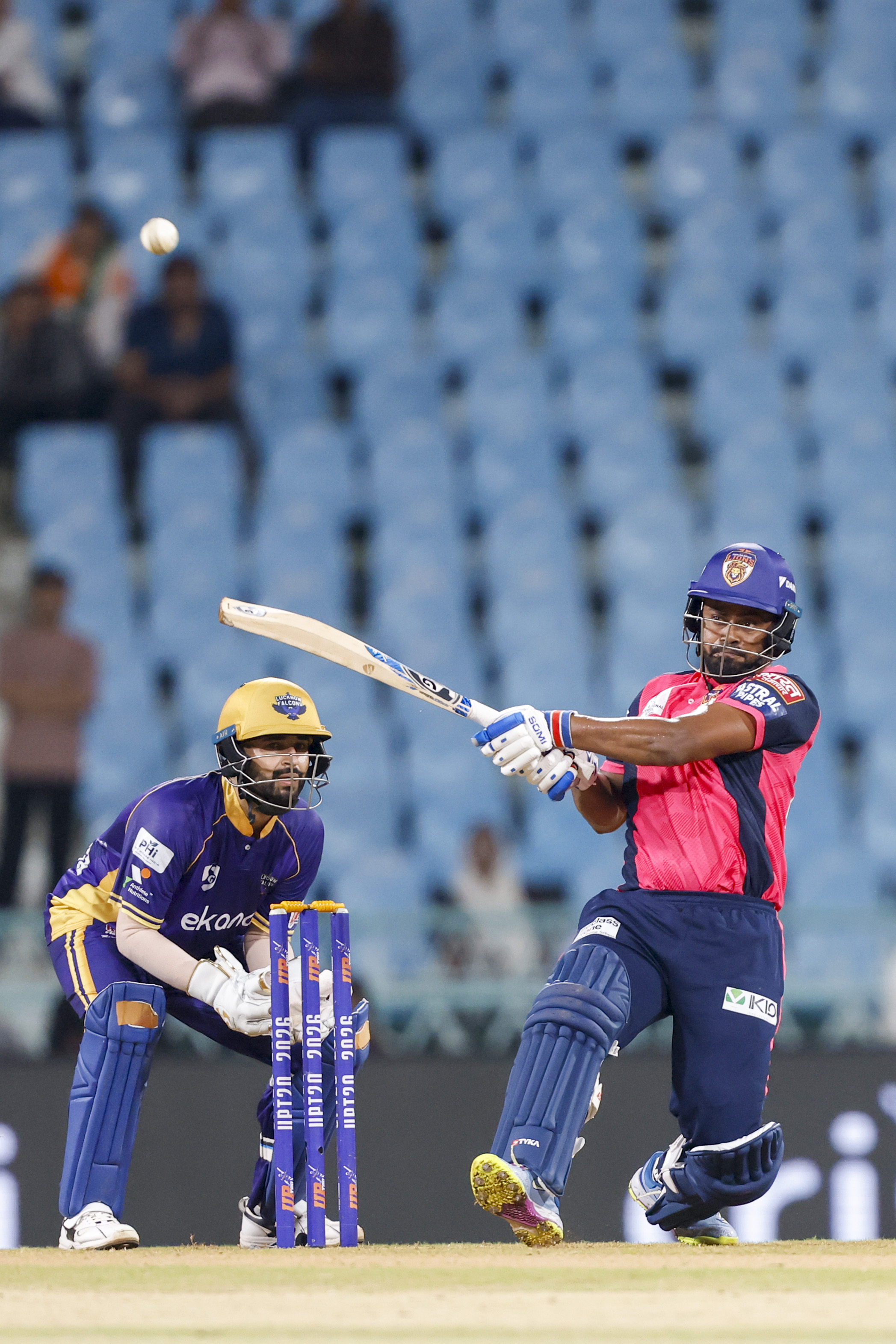 Nishant Kushwaha of Gaur Gorakhpur Lions play a shot during the UPT20 League Season 4 evening clash on 15 August 2026 at Bharat Ratna Shri Atal Bihari Vajpayee Ekana Cricket Stadium, Lucknow, Uttar Pradesh, India, Lucknow Falcons face Gaur Gorakhpur Lions in Match 3 under lights as the league’s double‑header day closes with high‑tempo T20 cricket.Photos by: Arjun Singh / aceimages.in for UPT20