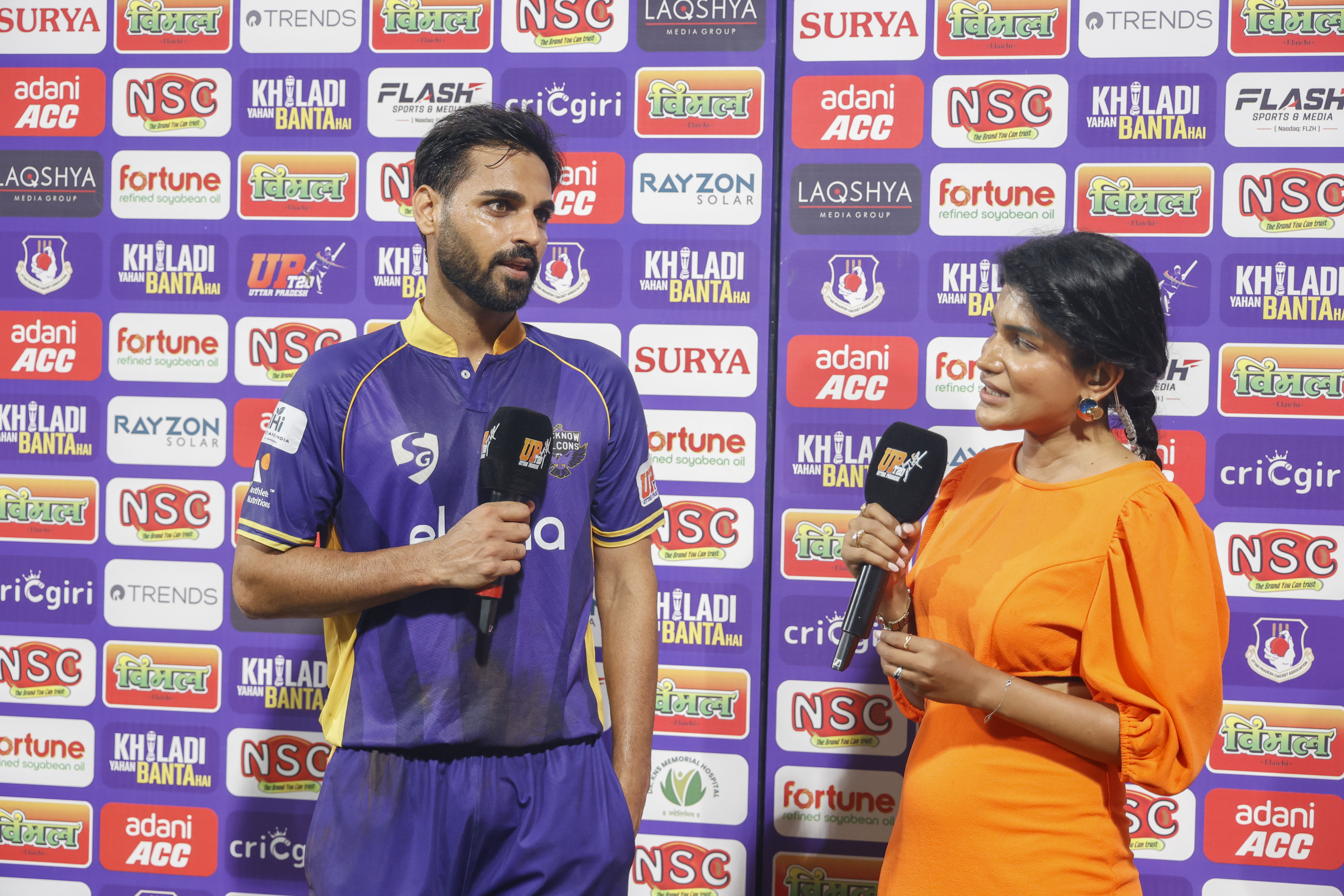 Bhuvneshwar Kumar (c) of Lucknow Falcons at TV interview during the UPT20 League Season 4 evening clash on 15 August 2026 at Bharat Ratna Shri Atal Bihari Vajpayee Ekana Cricket Stadium, Lucknow, Uttar Pradesh, India, Lucknow Falcons face Gaur Gorakhpur Lions in Match 3 under lights as the league’s double‑header day closes with high‑tempo T20 cricket.Photos by: Tamal Das / aceimages.in for UPT20