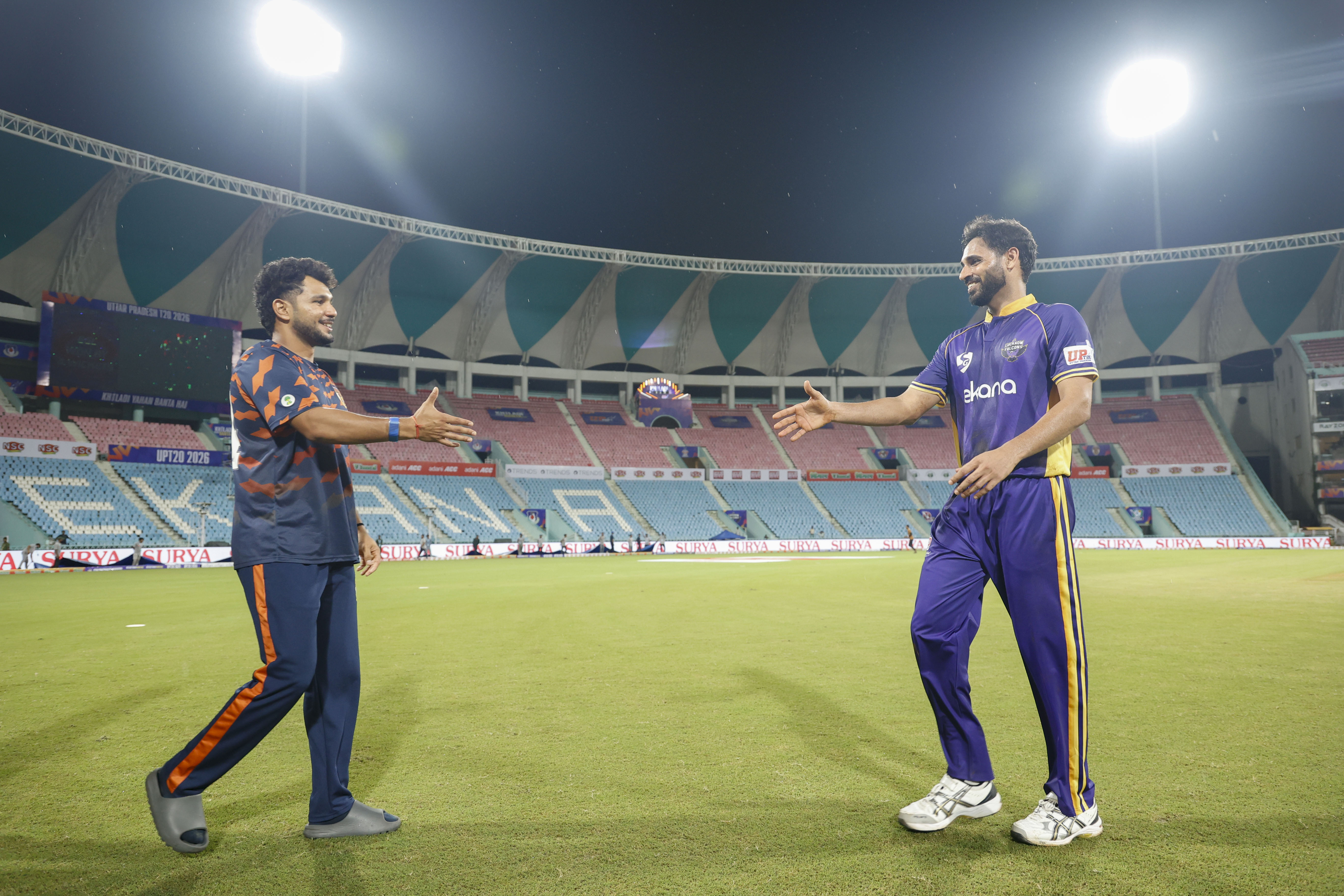 Aryan Juyal (c) of Gaur Gorakhpur Lions Bhuvneshwar Kumar (c) of Lucknow Falcons during the UPT20 League Season 4 evening clash on 15 August 2026 at Bharat Ratna Shri Atal Bihari Vajpayee Ekana Cricket Stadium, Lucknow, Uttar Pradesh, India, Lucknow Falcons face Gaur Gorakhpur Lions in Match 3 under lights as the league’s double‑header day closes with high‑tempo T20 cricket.Photos by: Tamal Das / aceimages.in for UPT20