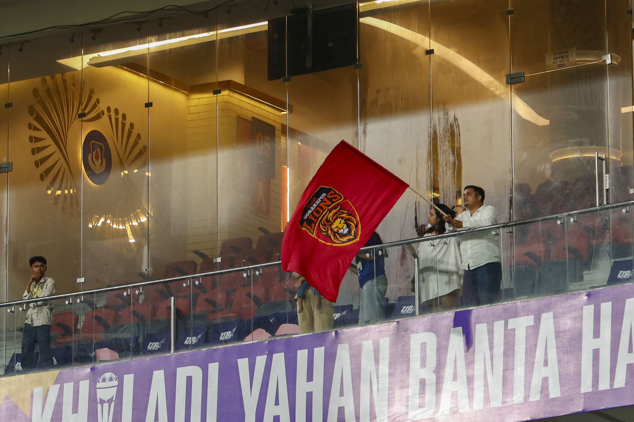Gaur Gorakhpur Lions flag during the UPT20 League Season 4 evening clash on 15 August 2026 at Bharat Ratna Shri Atal Bihari Vajpayee Ekana Cricket Stadium, Lucknow, Uttar Pradesh, India, Lucknow Falcons face Gaur Gorakhpur Lions in Match 3 under lights as the league’s double‑header day closes with high‑tempo T20 cricket.Photos by: Tamal Das / aceimages.in for UPT20