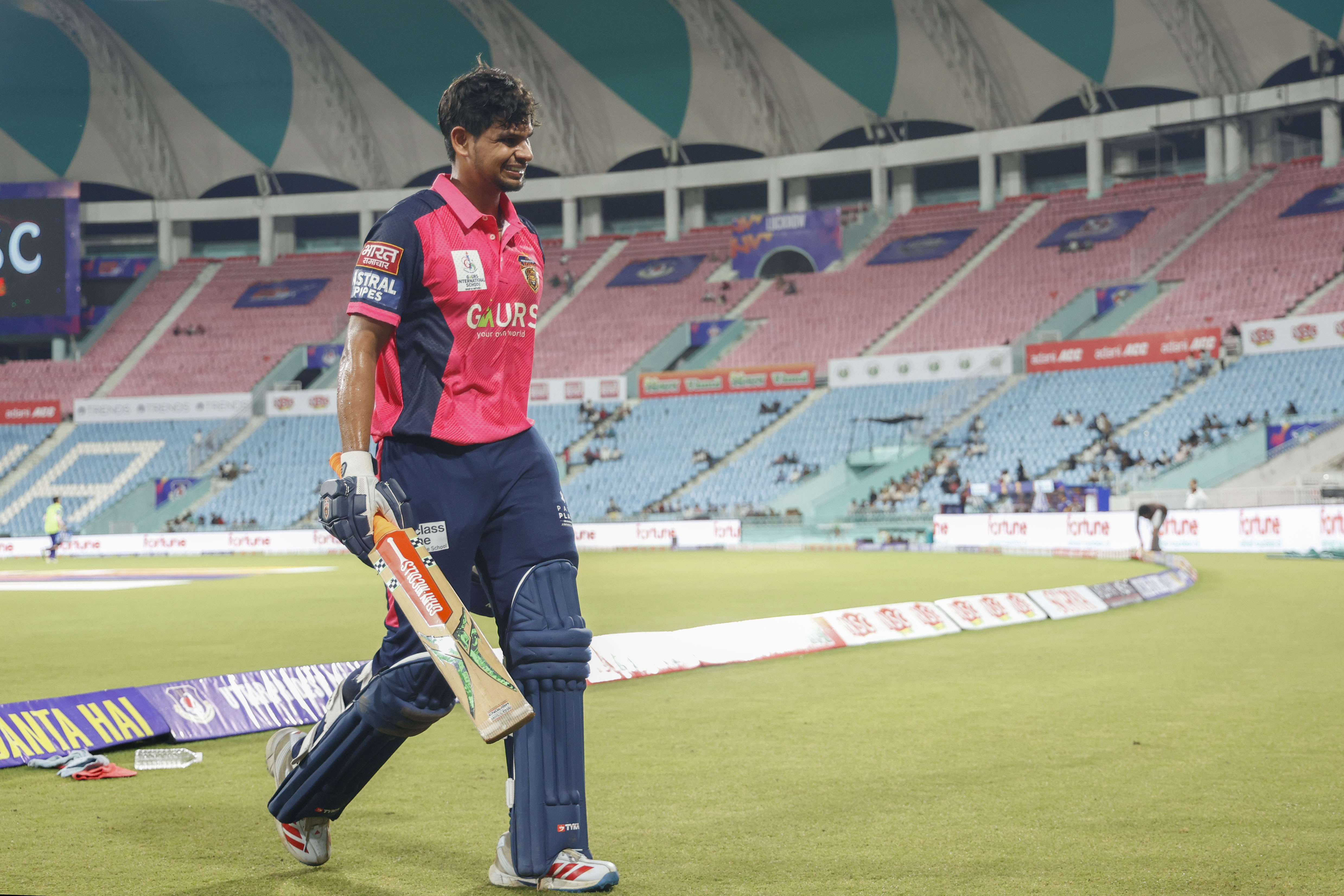 Parth  Palawat of Gaur Gorakhpur Lions Going back to the pavilion during the UPT20 League Season 4 evening clash on 15 August 2026 at Bharat Ratna Shri Atal Bihari Vajpayee Ekana Cricket Stadium, Lucknow, Uttar Pradesh, India, Lucknow Falcons face Gaur Gorakhpur Lions in Match 3 under lights as the league’s double‑header day closes with high‑tempo T20 cricket.Photos by: Tamal Das / aceimages.in for UPT20