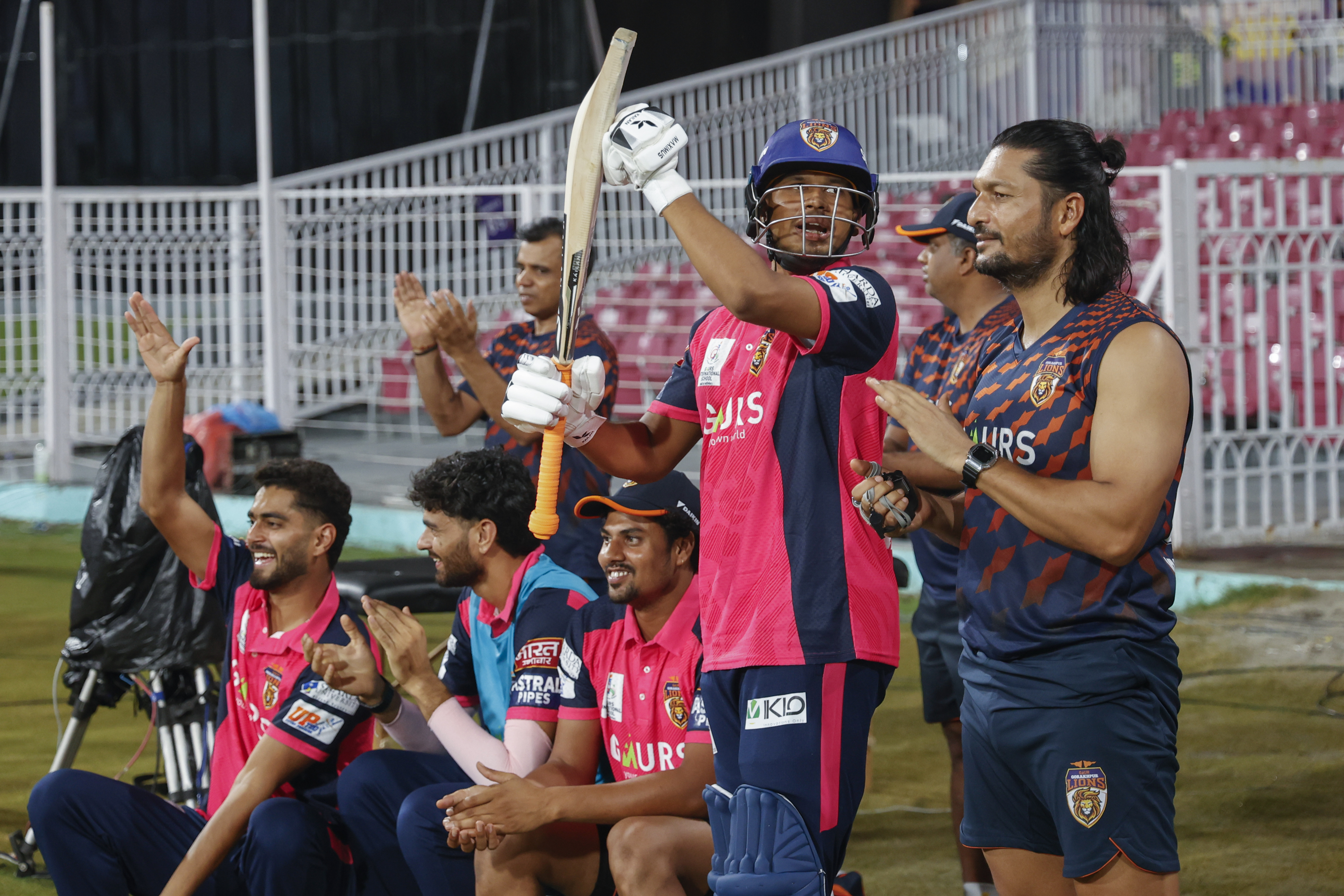 Gaur Gorakhpur Lions celebrating boundary during the UPT20 League Season 4 evening clash on 15 August 2026 at Bharat Ratna Shri Atal Bihari Vajpayee Ekana Cricket Stadium, Lucknow, Uttar Pradesh, India, Lucknow Falcons face Gaur Gorakhpur Lions in Match 3 under lights as the league’s double‑header day closes with high‑tempo T20 cricket.Photos by: Tamal Das / aceimages.in for UPT20
