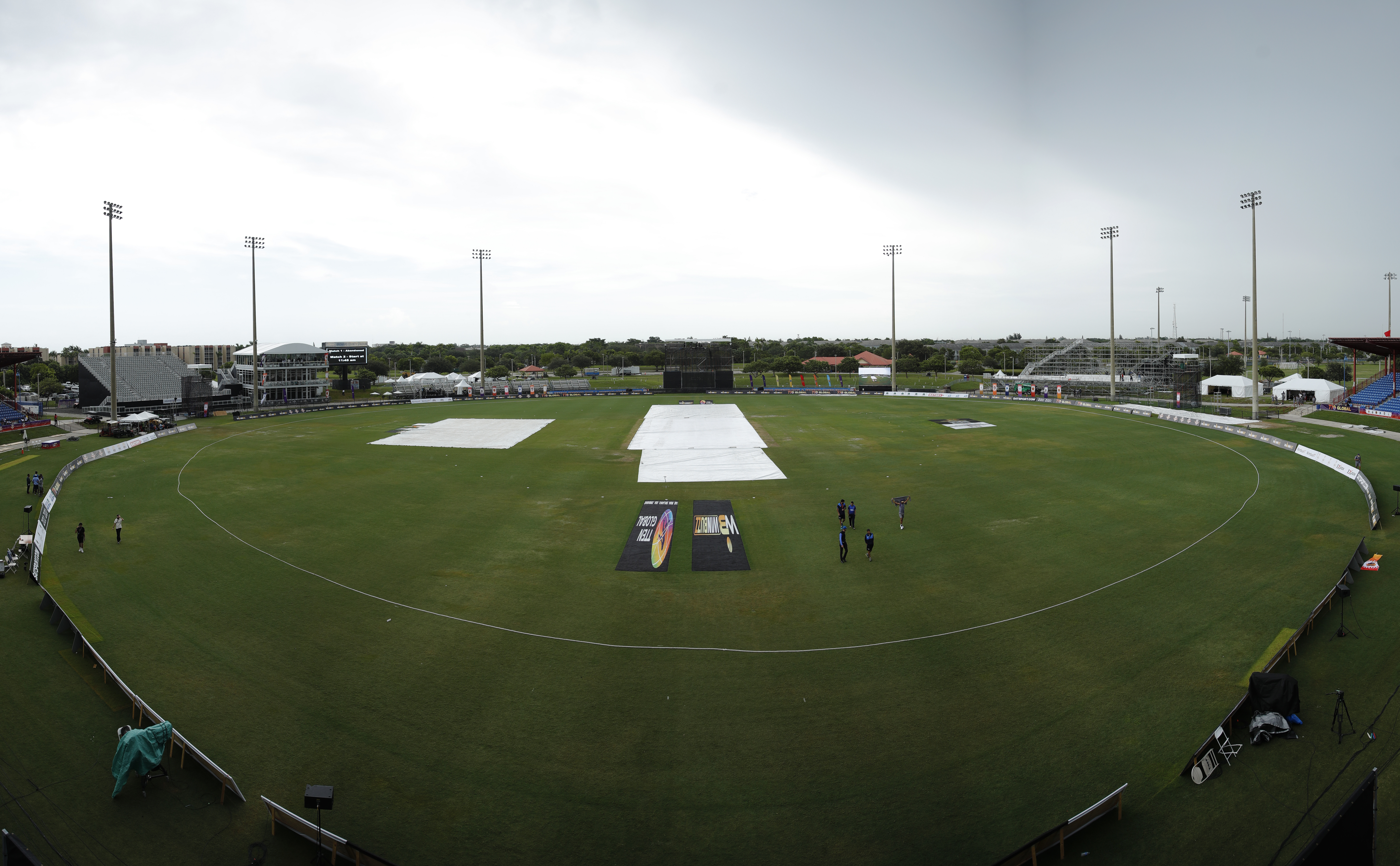 Pitch covers on due to rain and match delayed during match 2 of the US Masters T10 League between the New Jersey Triton's and the California Knights at the Central Broward Park in Lauderhill, Florida on the 18 August 2023Photo by Saikat Das / ACEIMAGES for US Masters T10