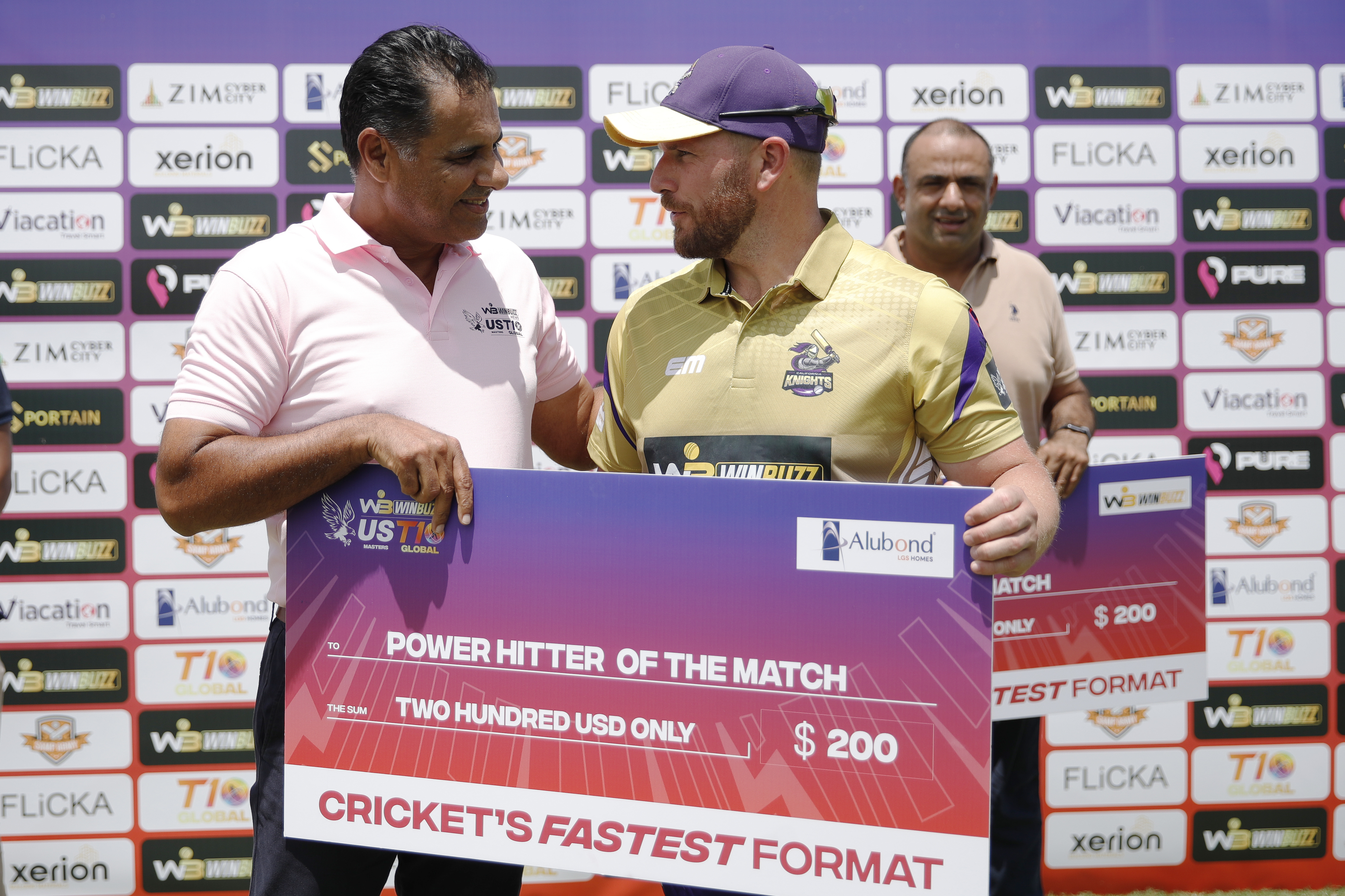 AARON FINCH of California Knights with Power Hitter of the Match award during match 2 (rescheduled) of the US Masters T10 League between the New Jersey Triton's and the California Knights at the Central Broward Park in Lauderhill, Florida on the 21st August 2023Photo by Saikat Das / ACEIMAGES for US Masters T10