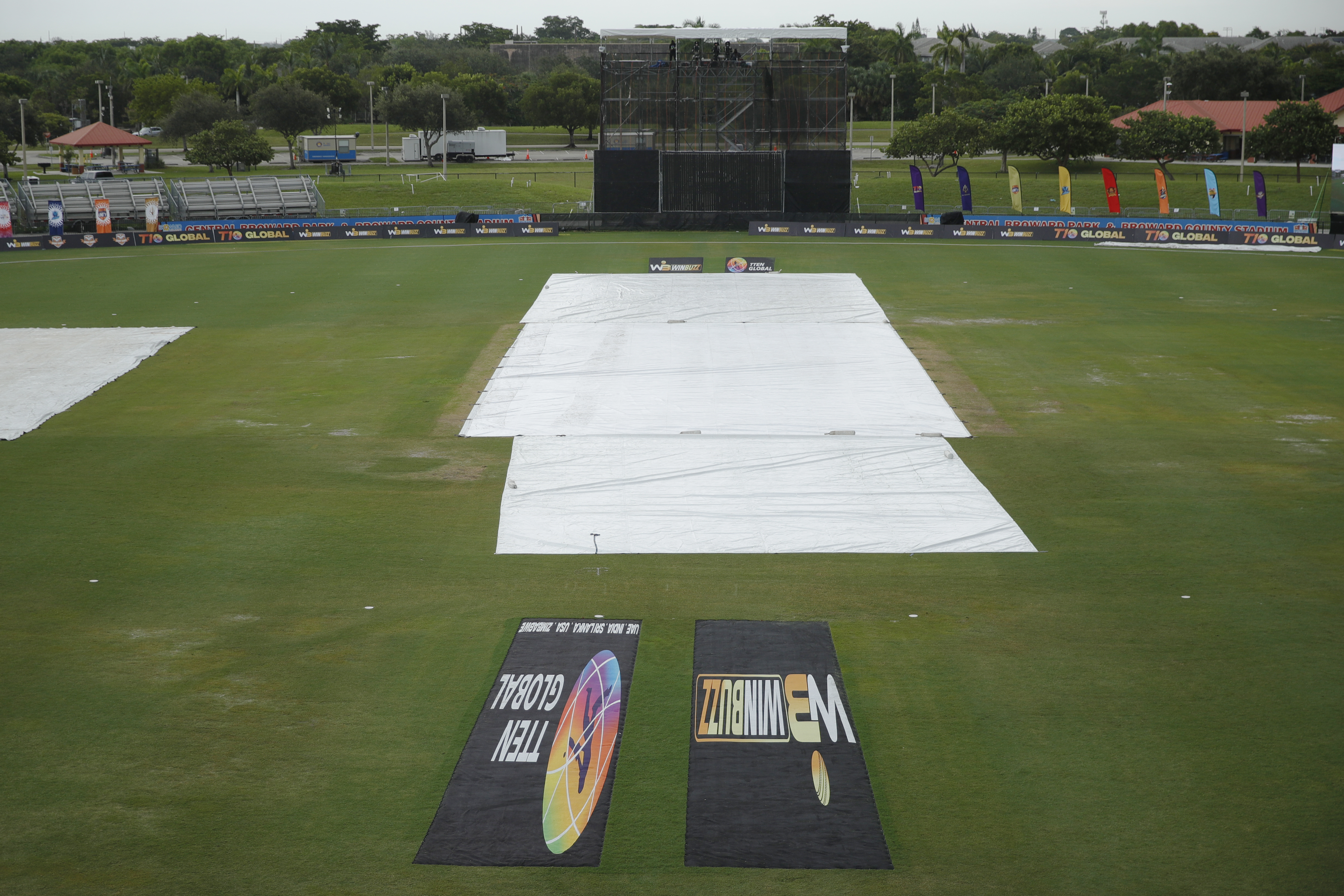 Pitch covers on due to rain and match delayed during match 2 of the US Masters T10 League between the New Jersey Triton's and the California Knights at the Central Broward Park in Lauderhill, Florida on the 18 August 2023Photo by Saikat Das / ACEIMAGES for US Masters T10