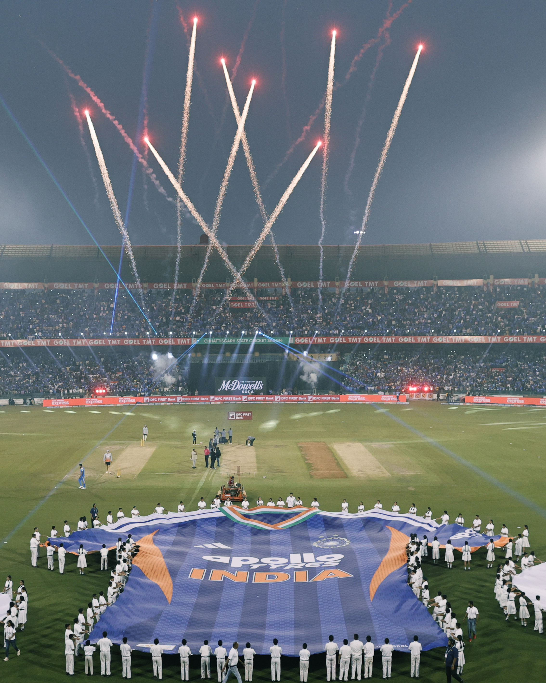 Adidas T20I cricket T-shirt launch at Shaheed Veer Narayan Singh International Cricket Stadium, Raipur, Chhattisgarh. India T20I Captain Rohit Sharma, rising T20I star Tilak Varma, BCCI Secretary Devajit Saikia and Adidas India leadership unveil the official Adidas T20I jersey. Professional advertising, sports and fashion event photography by Saikat Das, official IPL and BCCI photographer, documenting high-profile brand launches and elite cricket personalities for global sports brands.Photos: Saikat Das / www.saikatdas.com