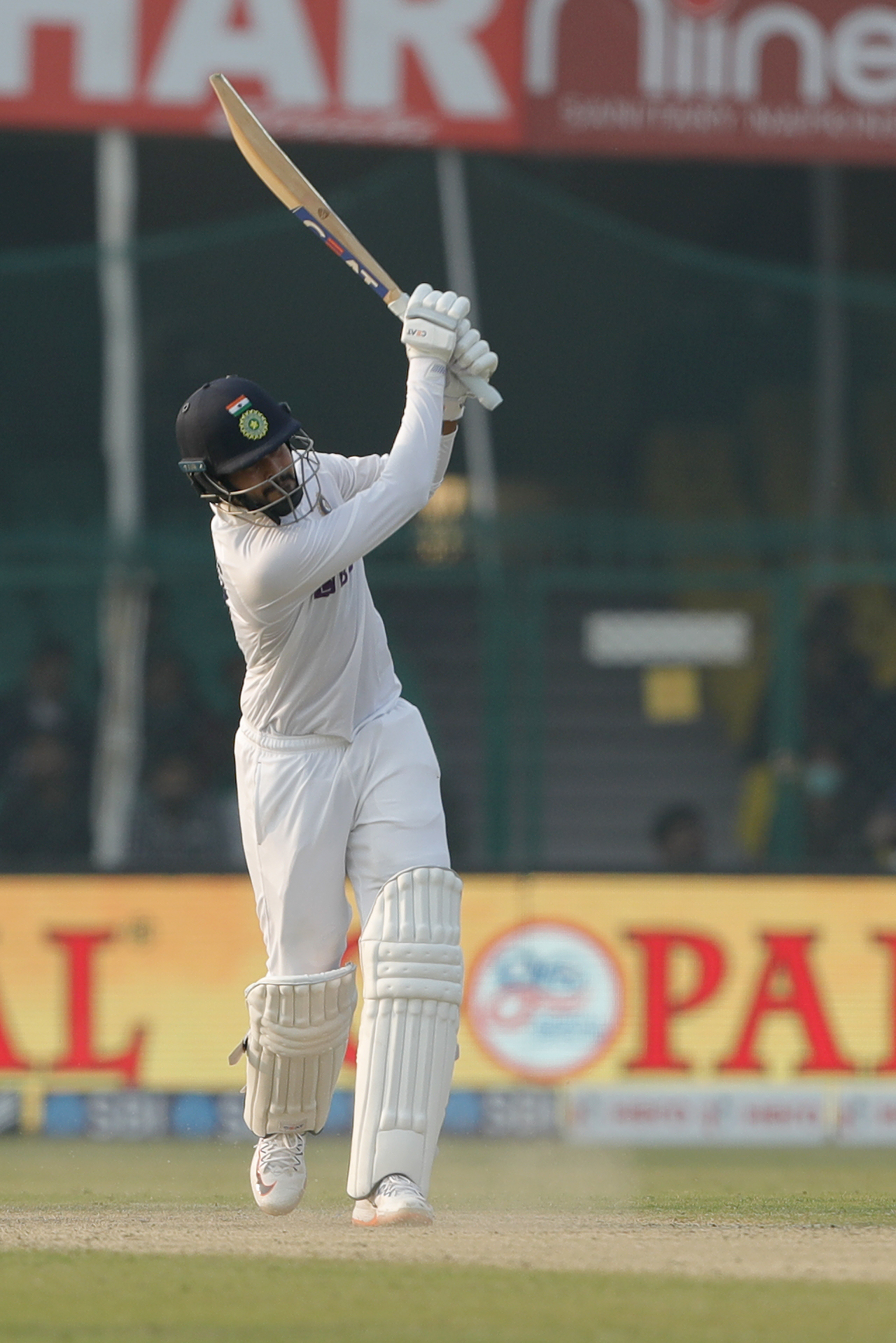 Shreyas Iyer of India hitting a over boundary  during day one of the 1st Test match between India and New Zealand held at the Green Park International Stadium in Kanpur on the 25th November 2021Photo by Saikat Das / Sportzpics for BCCI