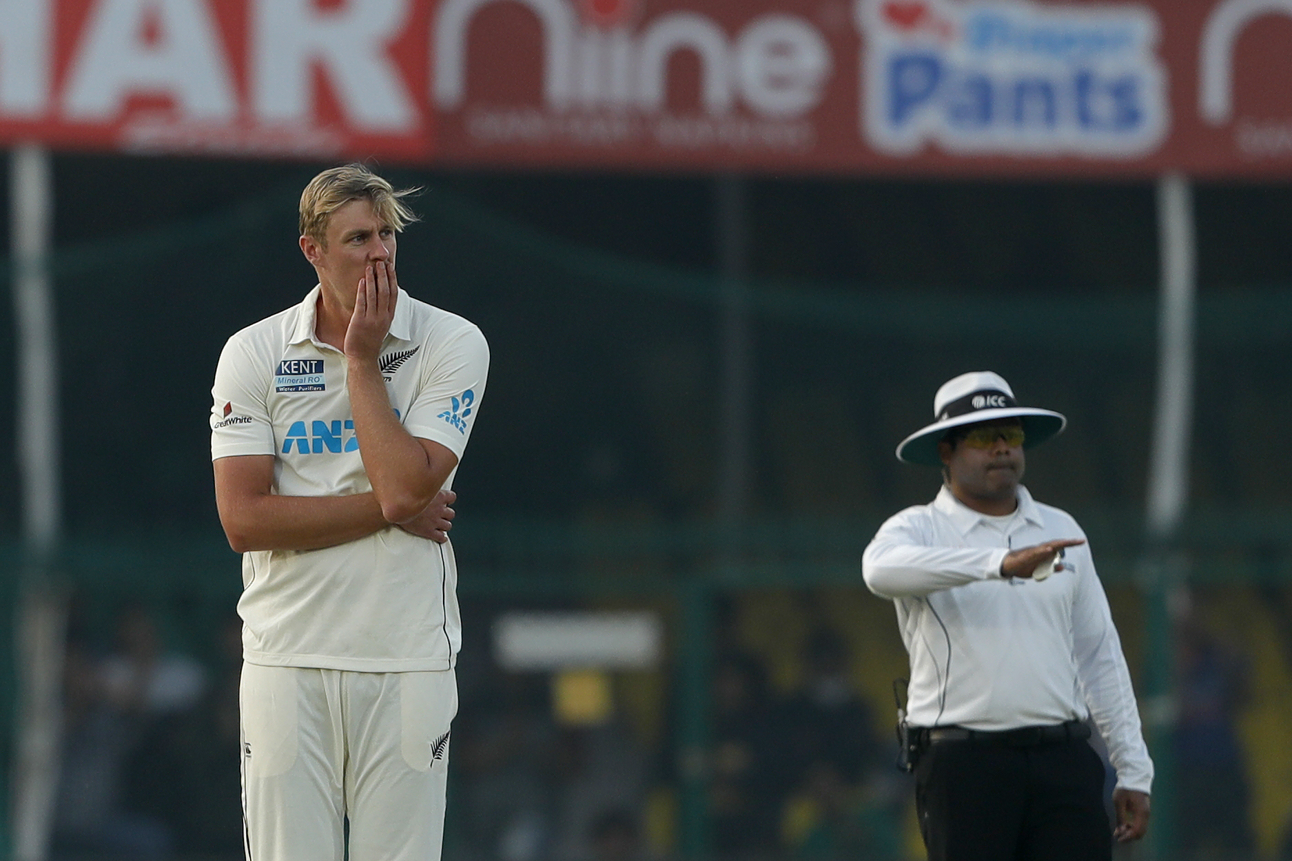 Kyle Jamiesion of New Zealand  reacting during day one of the 1st Test match between India and New Zealand held at the Green Park International Stadium in Kanpur on the 25th November 2021Photo by Saikat Das / Sportzpics for BCCI