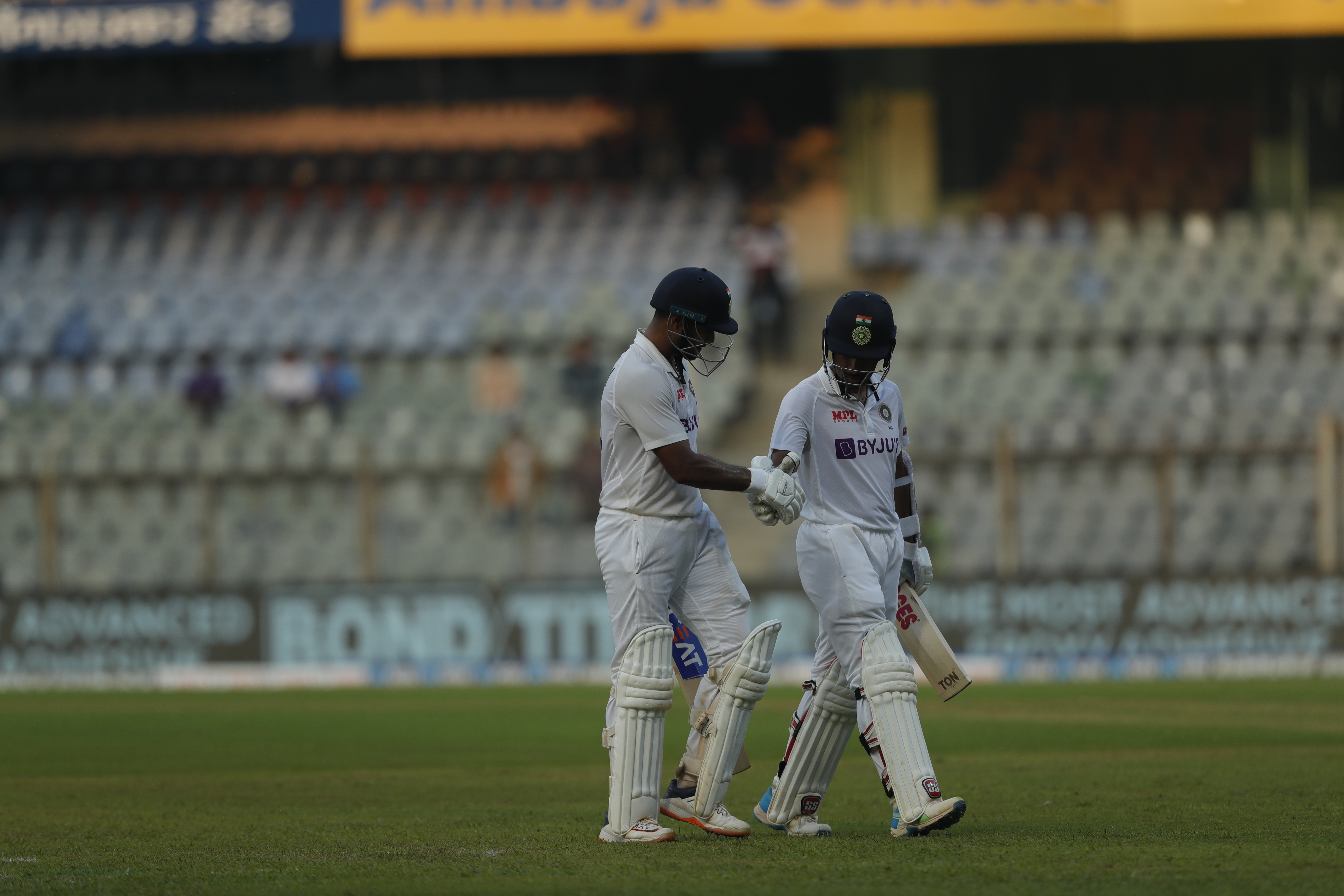 Mayank Agarwal of India getting congratulations for his unbeaten century during day one of the 2nd test match between India and New Zealand held at the Wankhede Stadium in Mumbai on the 3rd December 2021Photo by Saikat Das / Sportzpics for BCCI