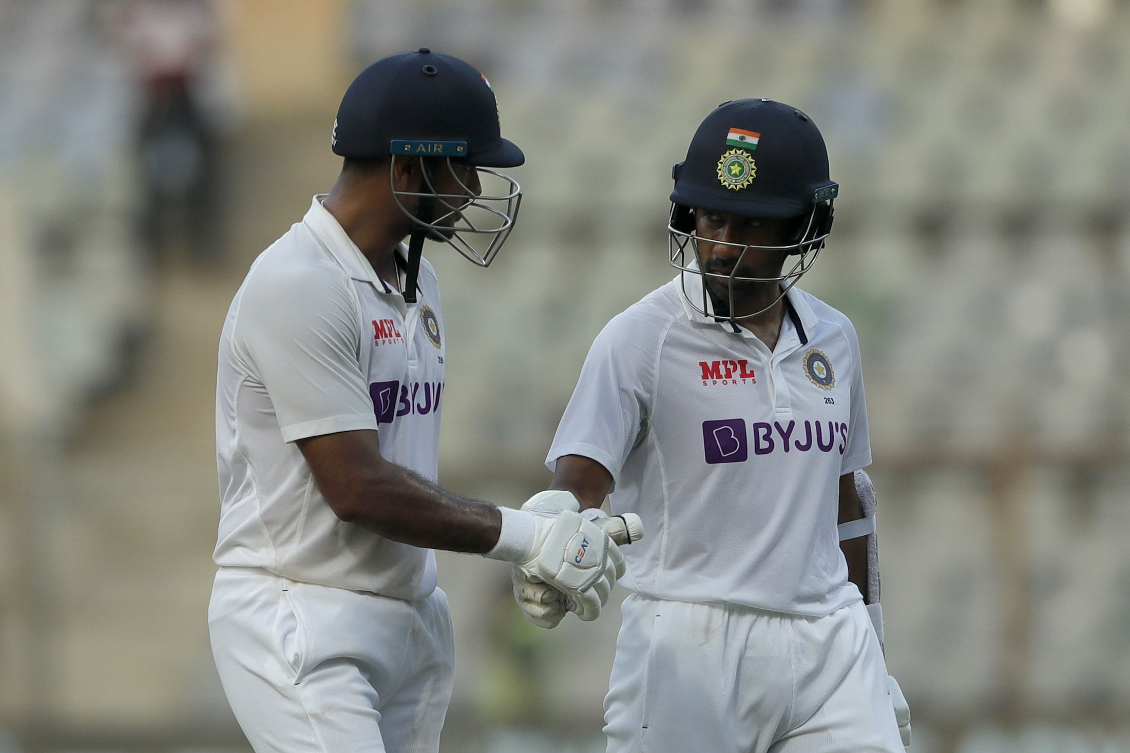Mayank Agarwal of India getting congratulations for his unbeaten century during day one of the 2nd test match between India and New Zealand held at the Wankhede Stadium in Mumbai on the 3rd December 2021Photo by Saikat Das / Sportzpics for BCCI
