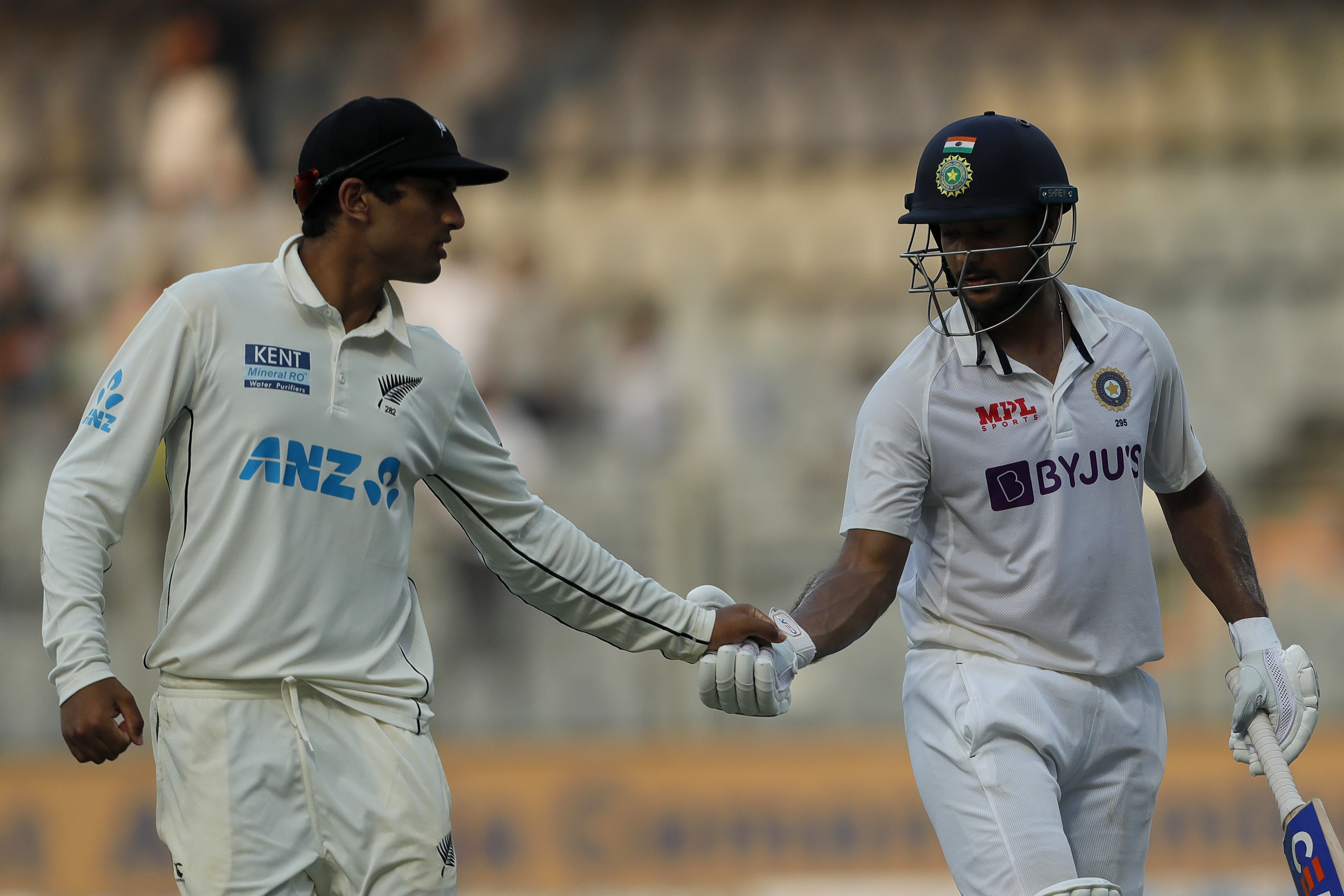 Mayank Agarwal of India getting congratulations for his unbeaten century during day one of the 2nd test match between India and New Zealand held at the Wankhede Stadium in Mumbai on the 3rd December 2021Photo by Saikat Das / Sportzpics for BCCI