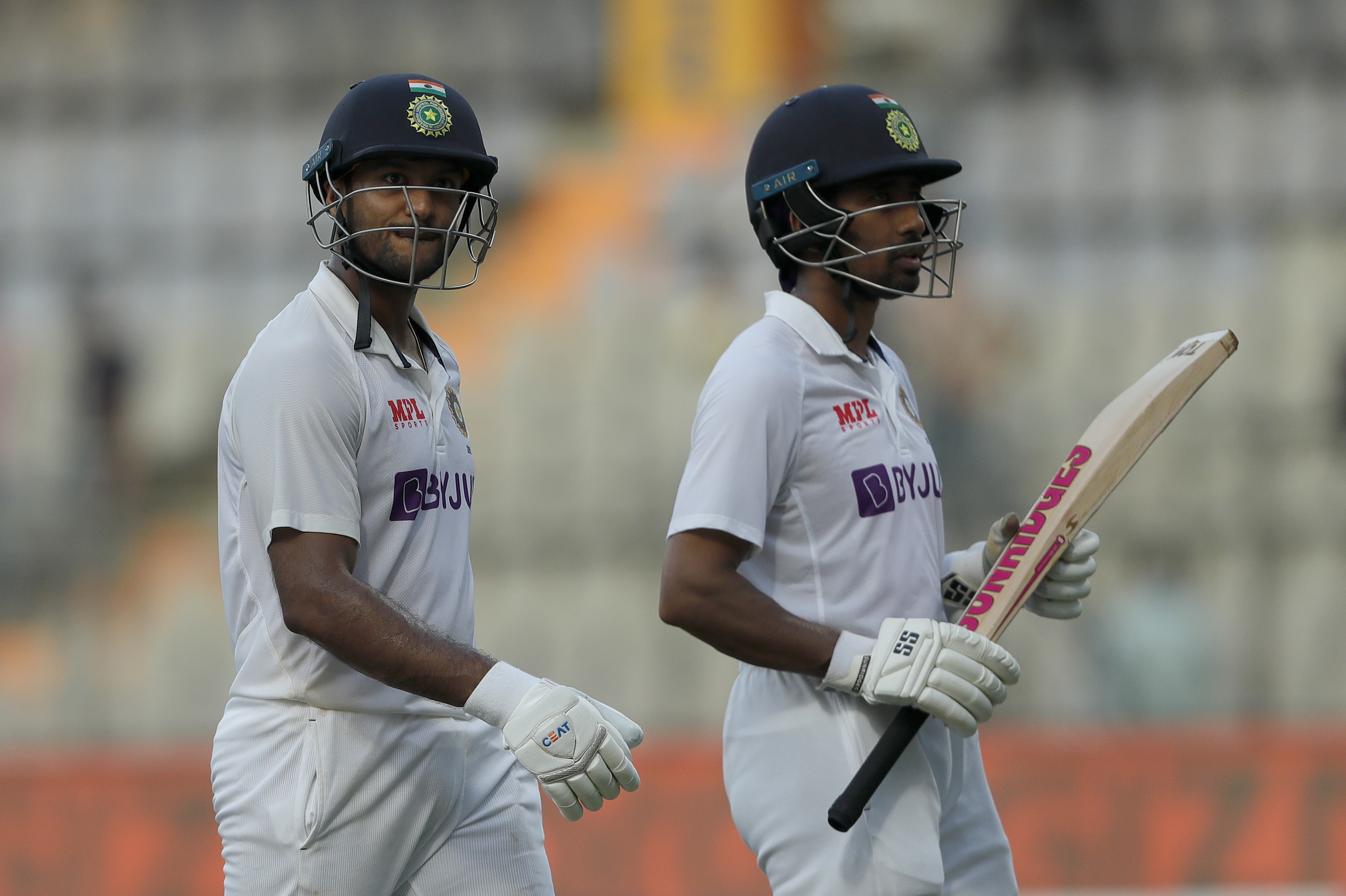 Mayank Agarwal of India getting congratulations for his unbeaten century during day one of the 2nd test match between India and New Zealand held at the Wankhede Stadium in Mumbai on the 3rd December 2021Photo by Saikat Das / Sportzpics for BCCI