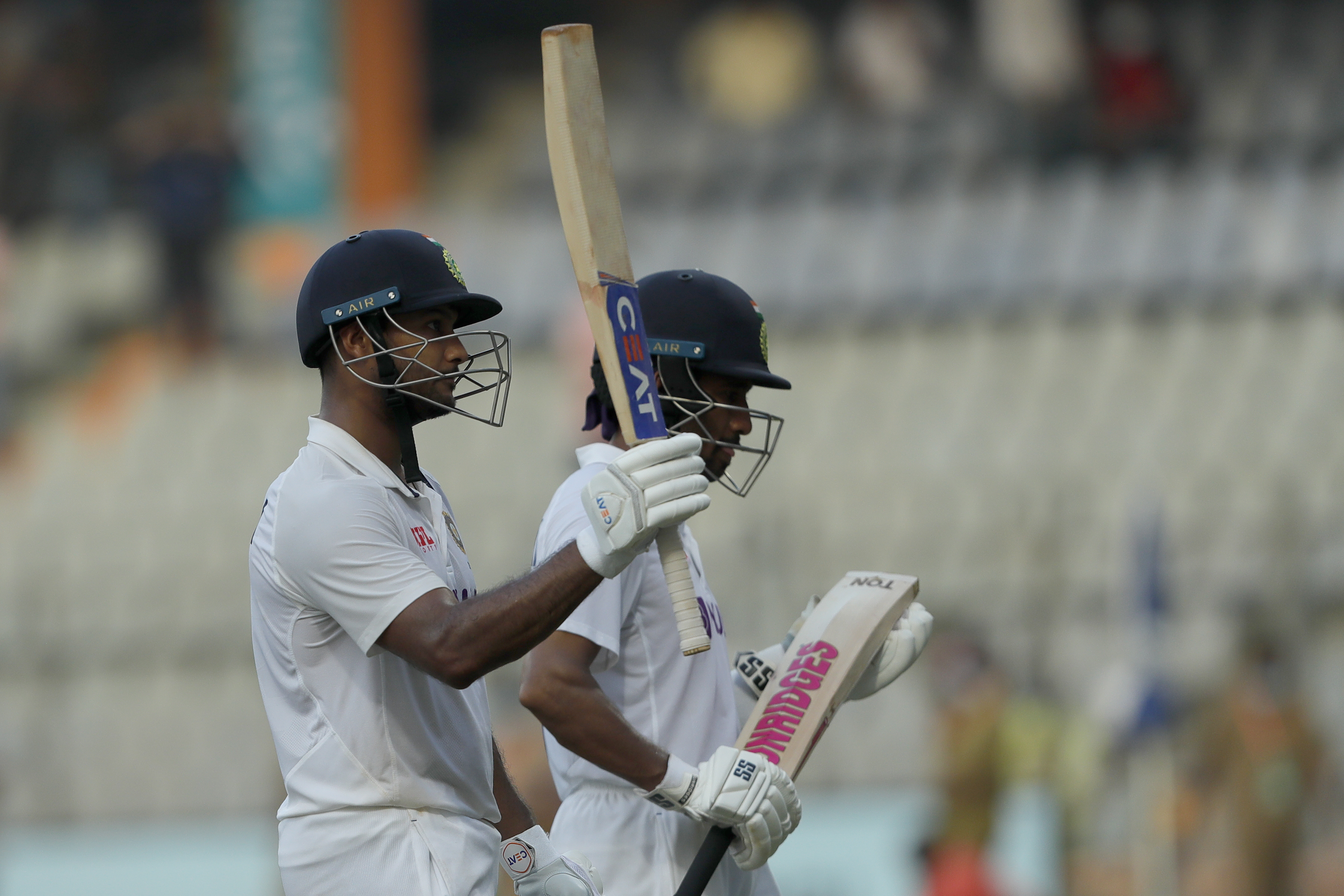 Mayank Agarwal of India getting congratulations for his unbeaten century during day one of the 2nd test match between India and New Zealand held at the Wankhede Stadium in Mumbai on the 3rd December 2021Photo by Saikat Das / Sportzpics for BCCI
