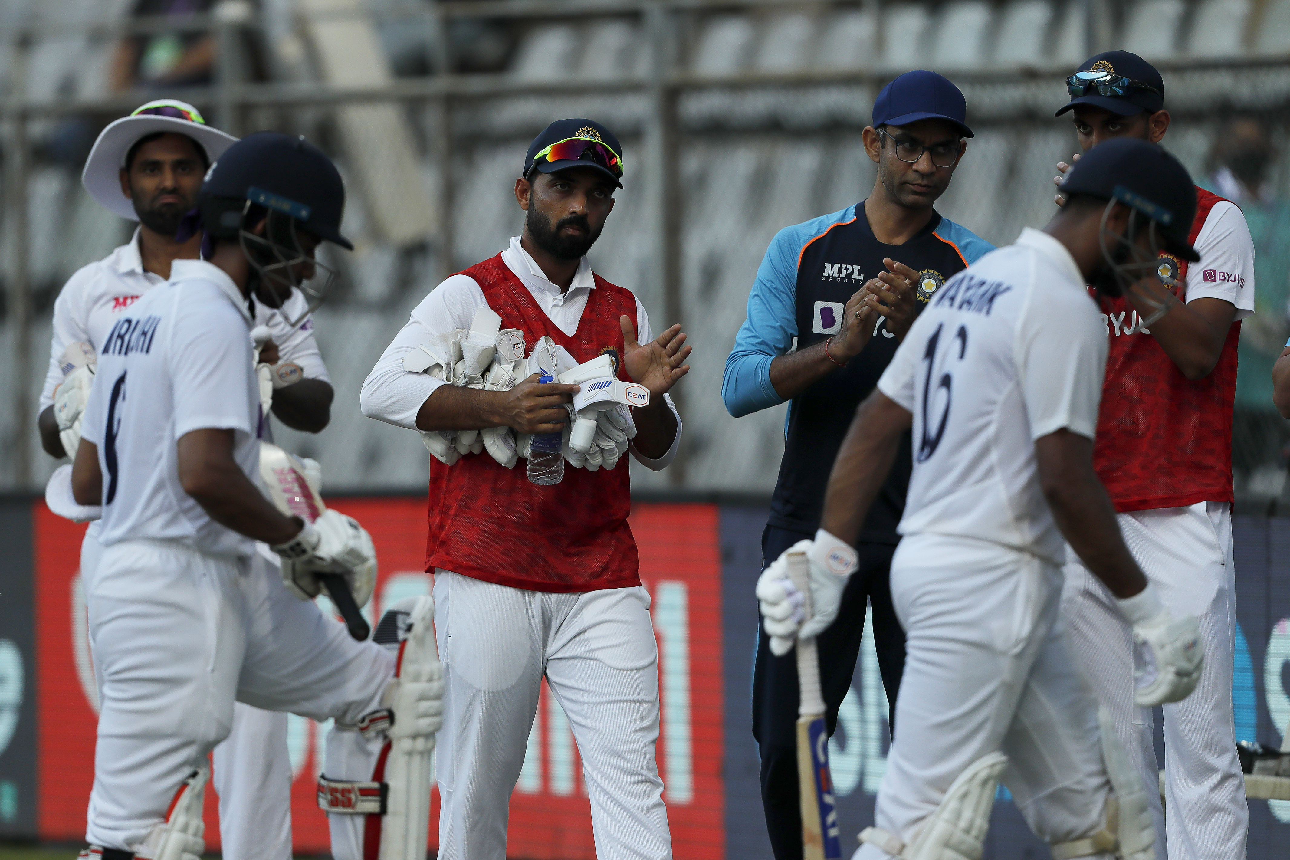 Mayank Agarwal of India getting congratulations for his unbeaten century during day one of the 2nd test match between India and New Zealand held at the Wankhede Stadium in Mumbai on the 3rd December 2021Photo by Saikat Das / Sportzpics for BCCI