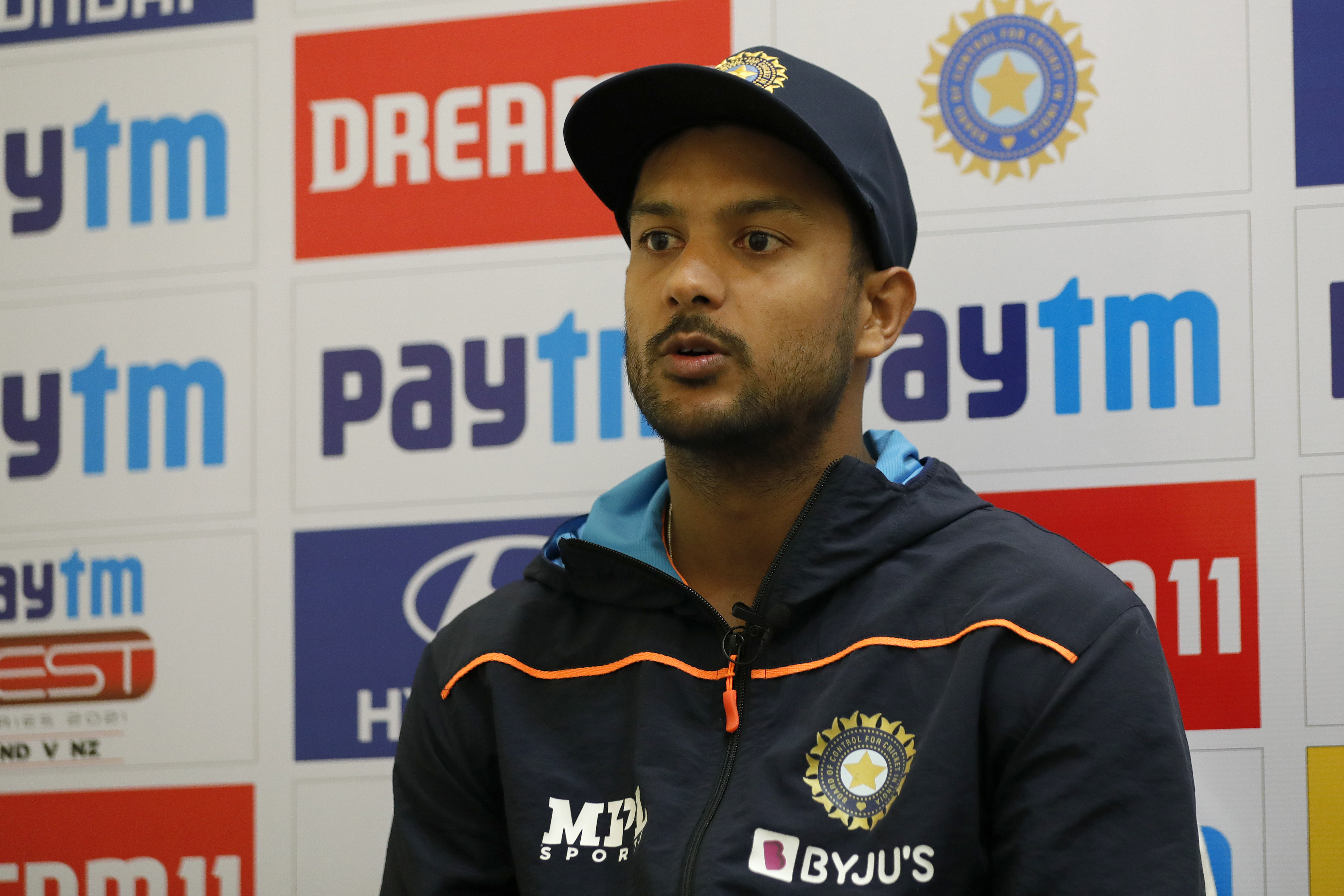 Mayank Agarwal of India at PC during day one of the 2nd test match between India and New Zealand held at the Wankhede Stadium in Mumbai on the 3rd December 2021Photo by Saikat Das / Sportzpics for BCCI