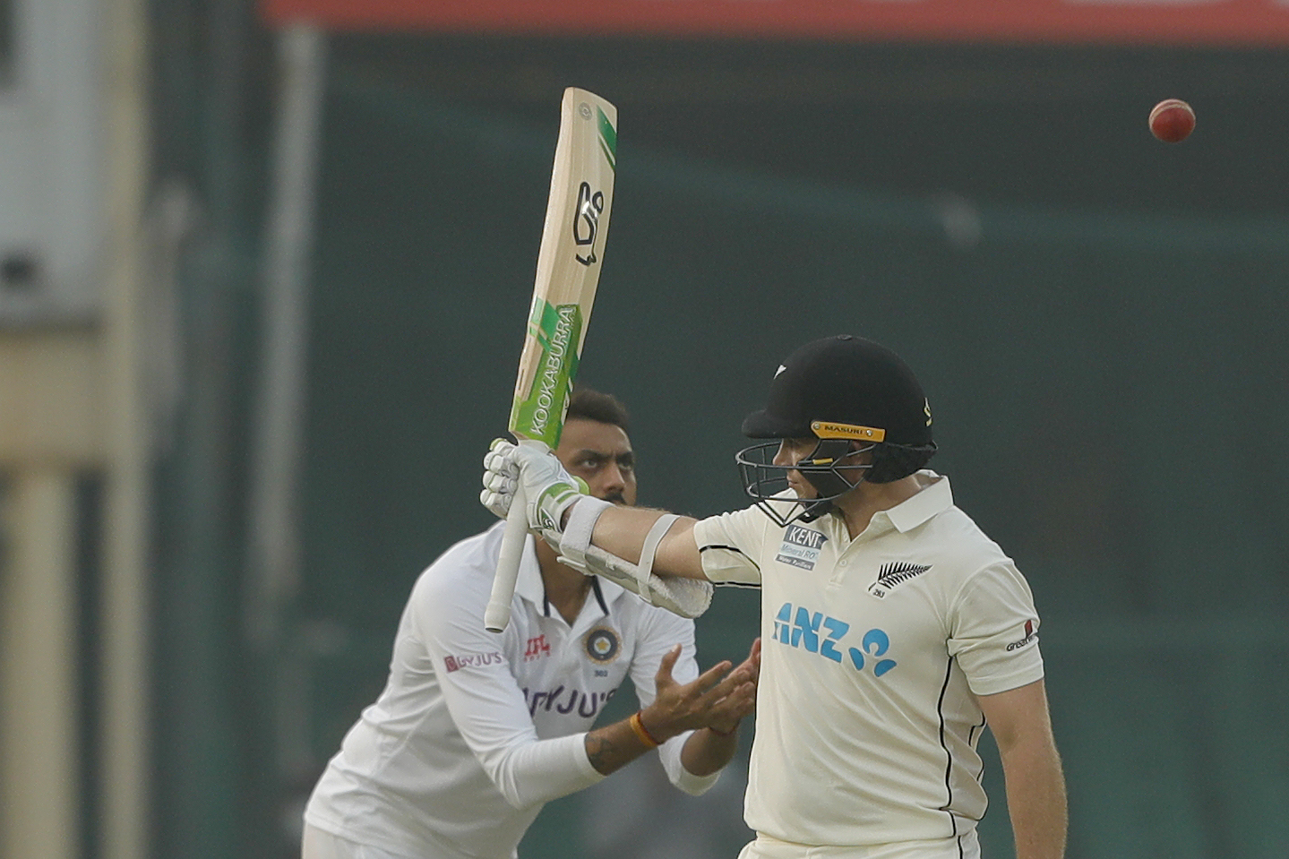 Tom Latham of New Zealand celebrating his half century  during day two of the 1st Test match between India and New Zealand held at the Green Park International Stadium in Kanpur on the 26th November 2021Photo by Saikat Das / Sportzpics for BCCI