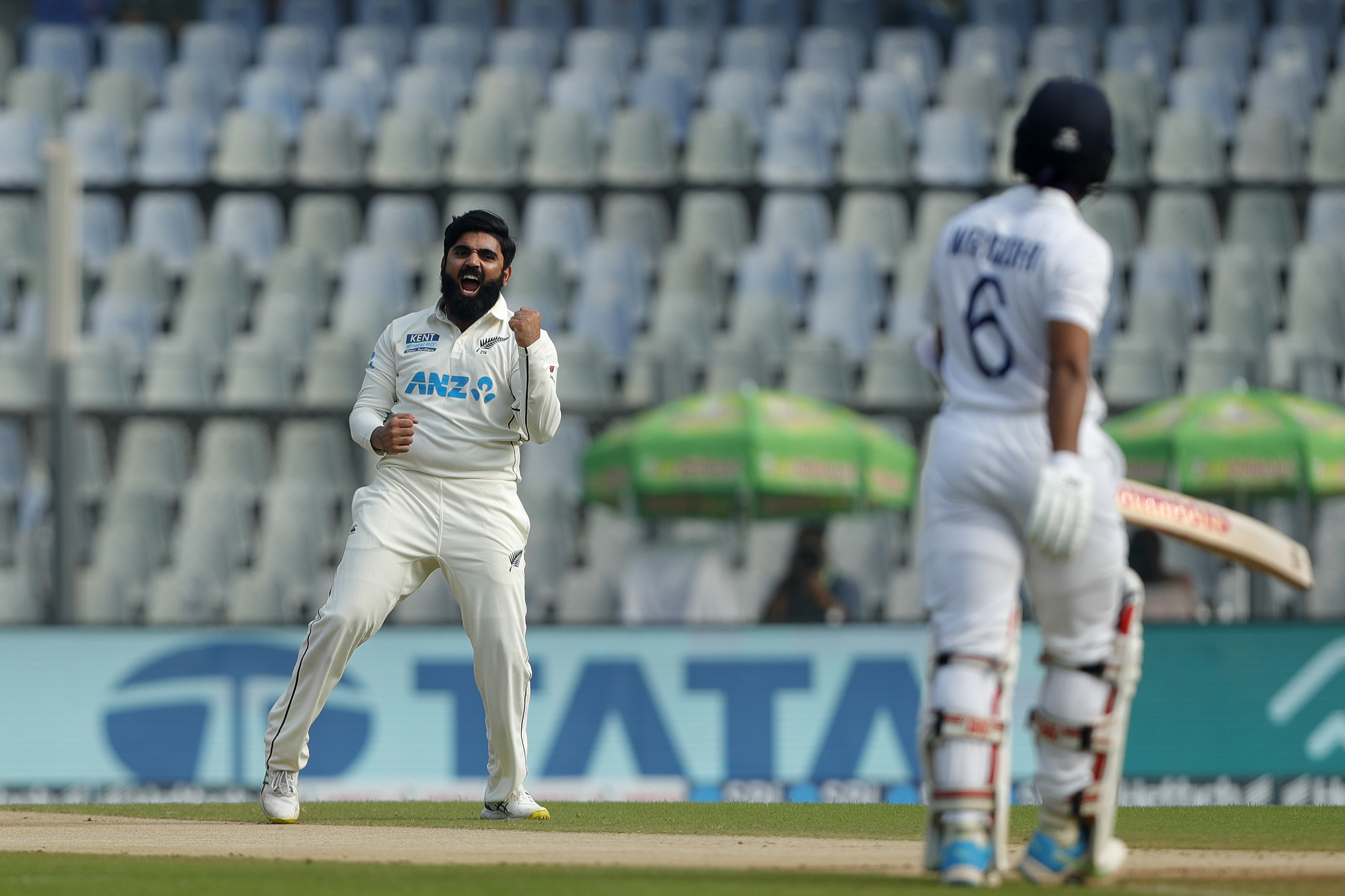Ajaz Patel of New Zealand celebrating the wicket of Wridhhiman Saha (wicket-keeper) of India  during day two of the 2nd test match between India and New Zealand held at the Wankhede Stadium in Mumbai on the 4th December 2021Photo by Saikat Das / Sportzpics for BCCI