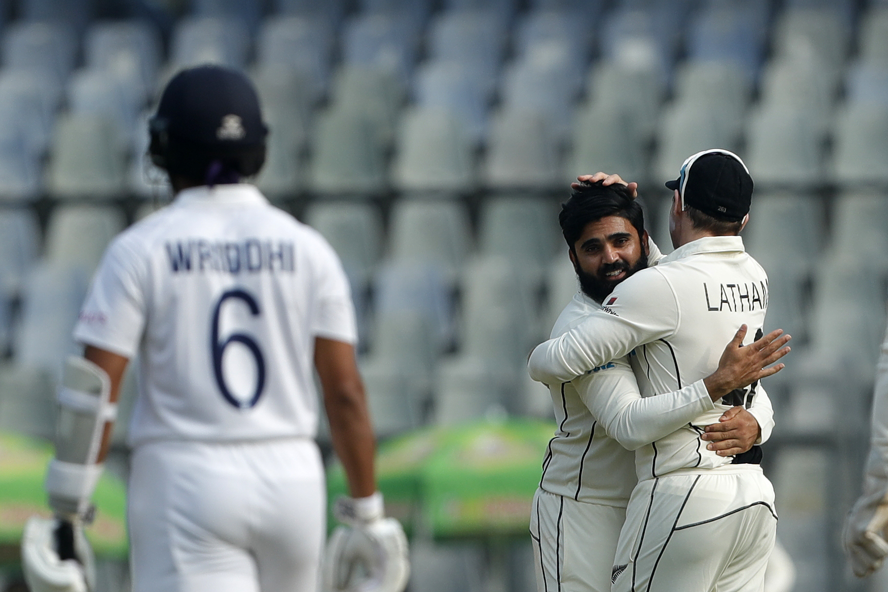 Ajaz Patel of New Zealand celebrating the wicket of Wridhhiman Saha (wicket-keeper) of India  during day two of the 2nd test match between India and New Zealand held at the Wankhede Stadium in Mumbai on the 4th December 2021Photo by Saikat Das / Sportzpics for BCCI