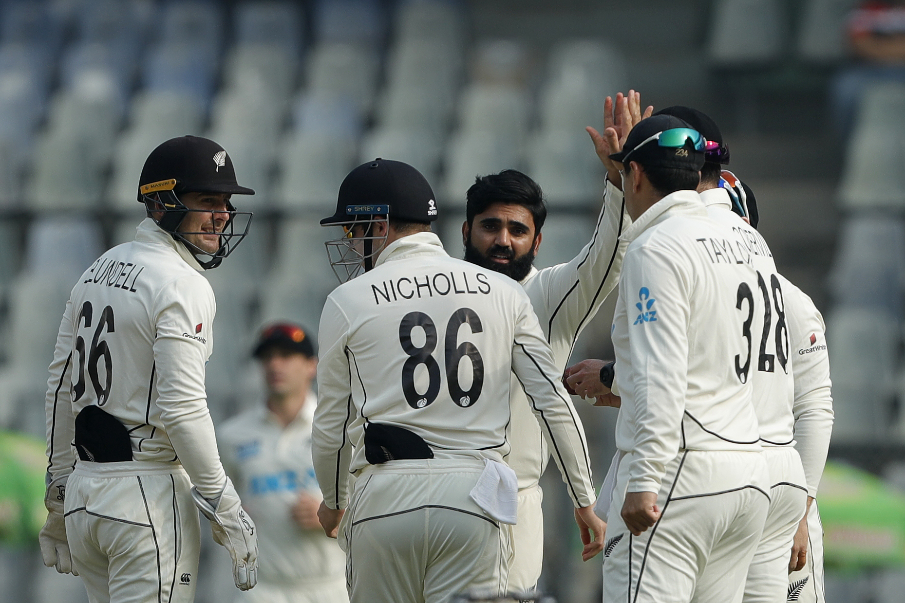 Ajaz Patel of New Zealand celebrating the wicket of Wridhhiman Saha (wicket-keeper) of India  during day two of the 2nd test match between India and New Zealand held at the Wankhede Stadium in Mumbai on the 4th December 2021Photo by Saikat Das / Sportzpics for BCCI