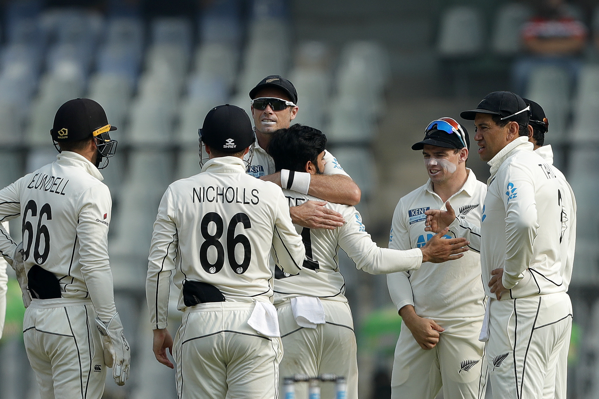 Ajaz Patel of New Zealand celebrating the wicket of Wridhhiman Saha (wicket-keeper) of India  during day two of the 2nd test match between India and New Zealand held at the Wankhede Stadium in Mumbai on the 4th December 2021Photo by Saikat Das / Sportzpics for BCCI