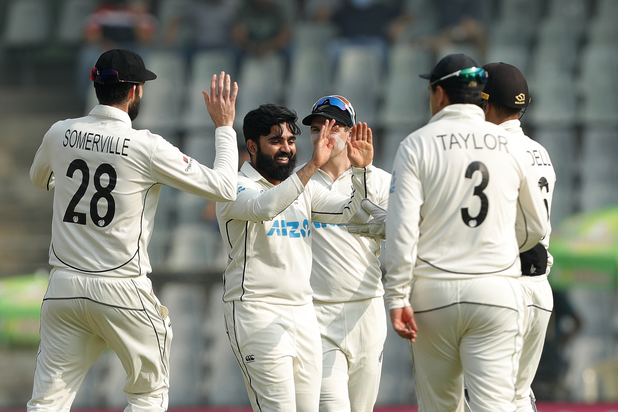 Ajaz Patel of New Zealand celebrating the wicket of R Ashwin of India  during day two of the 2nd test match between India and New Zealand held at the Wankhede Stadium in Mumbai on the 4th December 2021Photo by Saikat Das / Sportzpics for BCCI