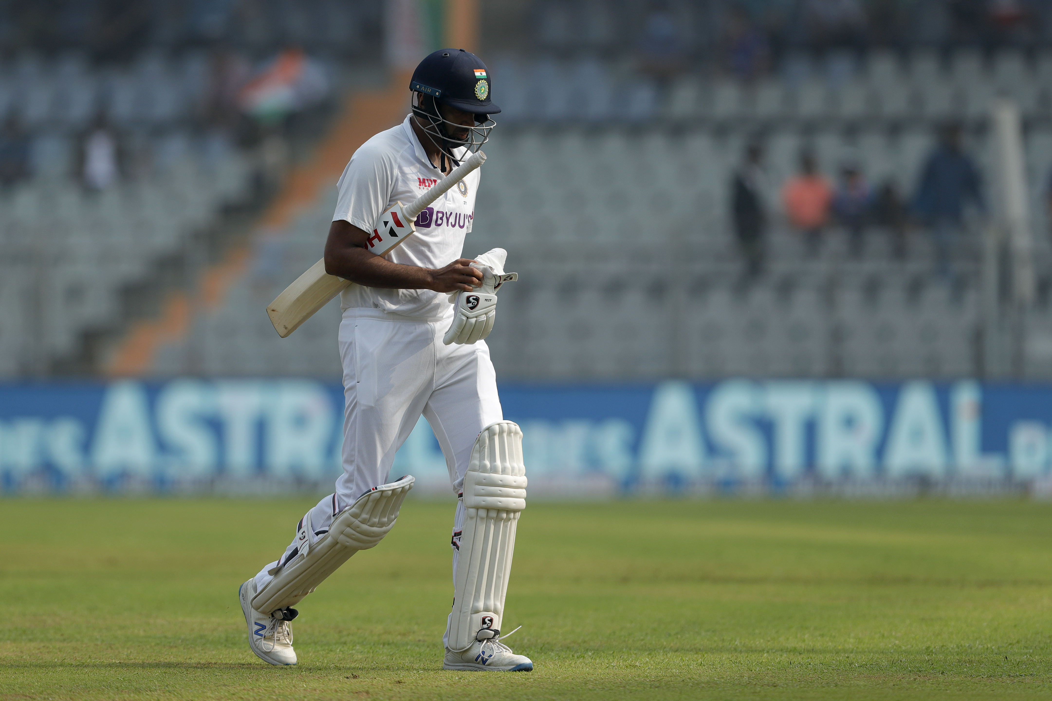 R Ashwin of India going back to pavilion after getting out on first ball  during day two of the 2nd test match between India and New Zealand held at the Wankhede Stadium in Mumbai on the 4th December 2021Photo by Saikat Das / Sportzpics for BCCI
