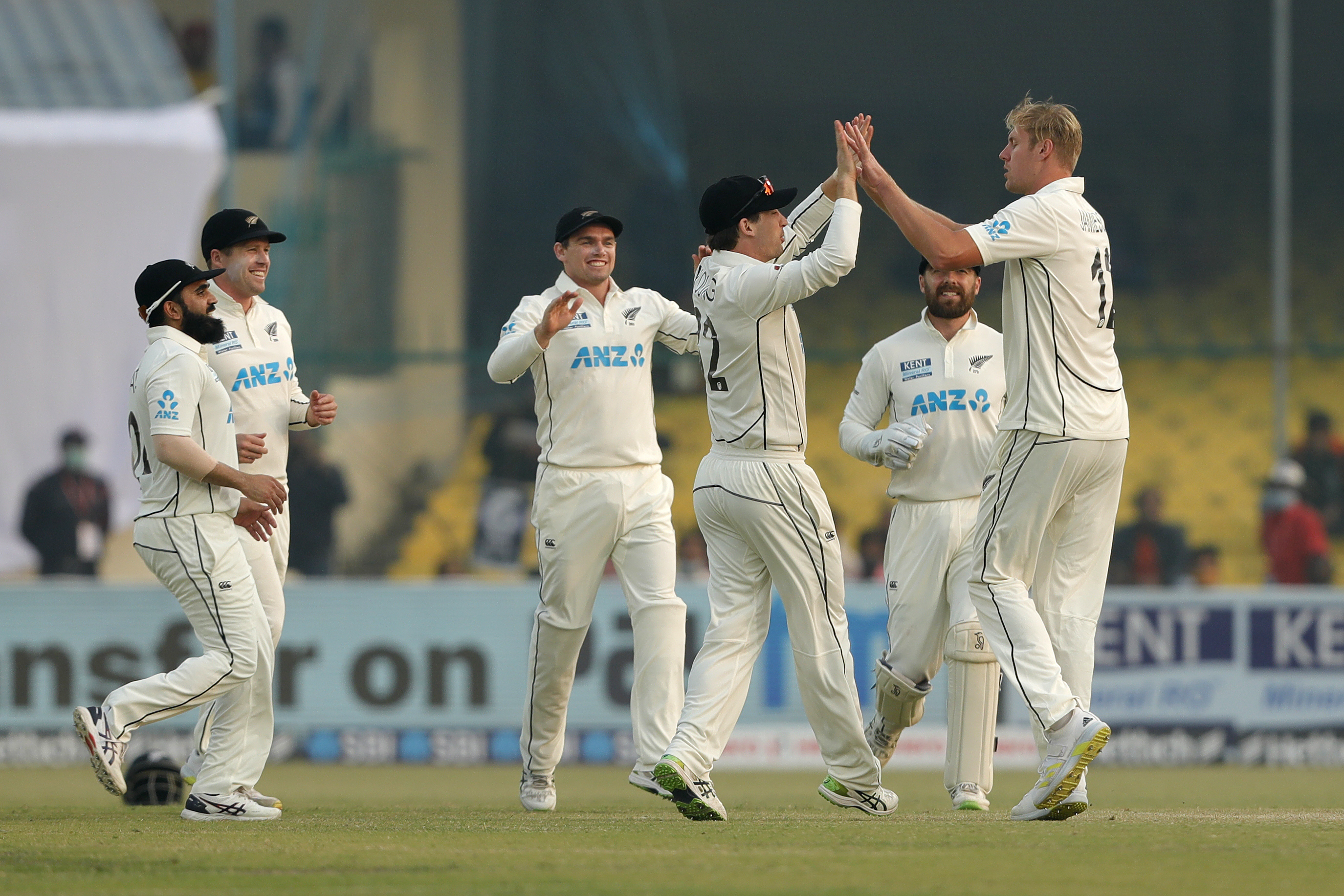 Kyle Jamiesion of New Zealand celebrating the wicket of Shubman Gill of India  during day three of the 1st Test match between India and New Zealand held at the Green Park International Stadium in Kanpur on the 27th November 2021Photo by Saikat Das / Sportzpics for BCCI