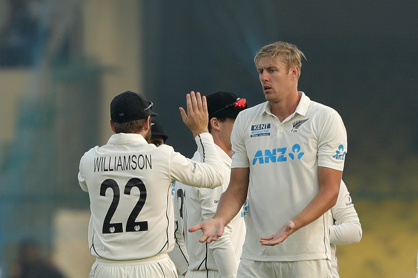 Kyle Jamiesion of New Zealand celebrating the wicket of Shubman Gill of India  during day three of the 1st Test match between India and New Zealand held at the Green Park International Stadium in Kanpur on the 27th November 2021Photo by Saikat Das / Sportzpics for BCCI