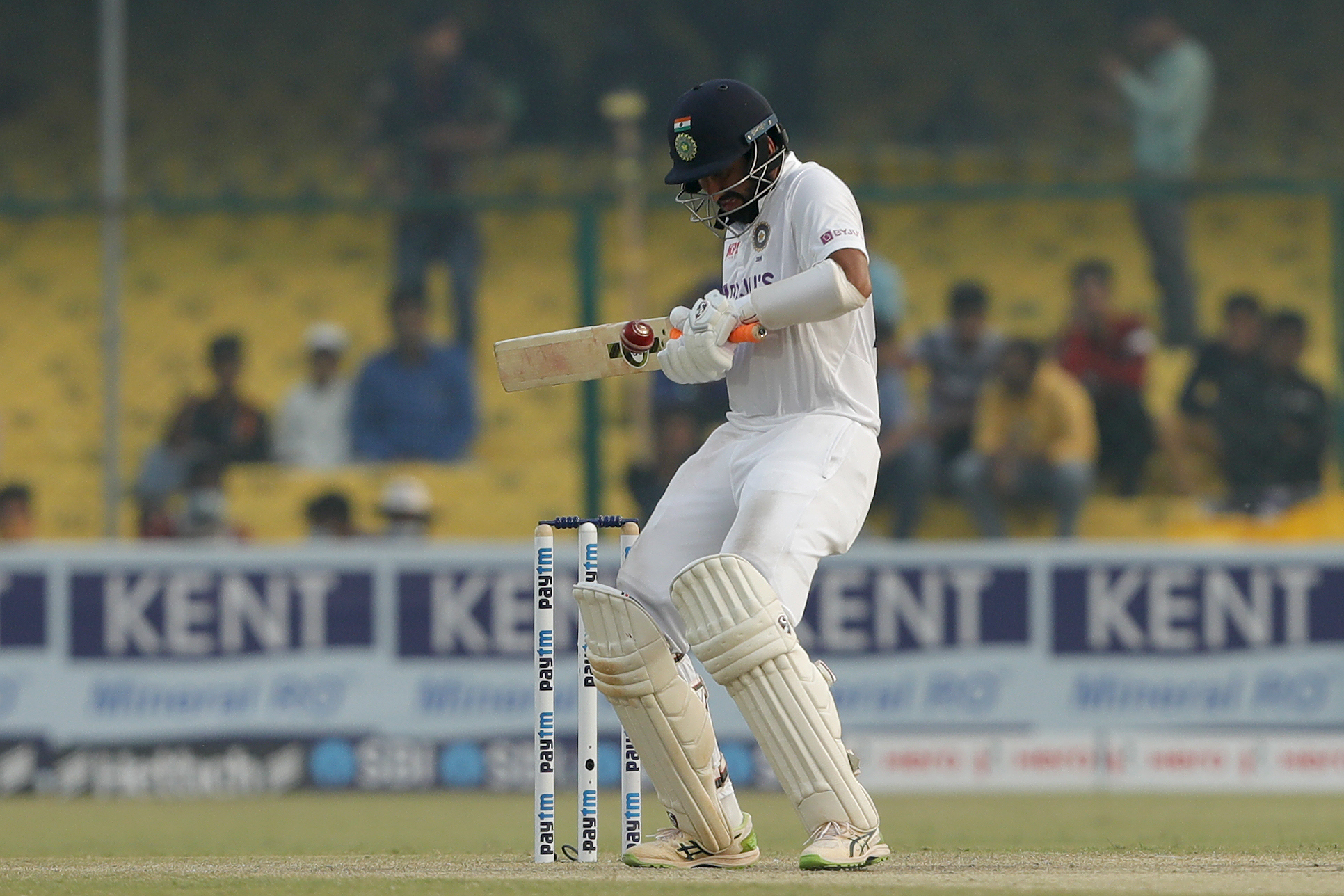 Cheteshwar Pujara (vice-captain) of India hitting a four  during day three of the 1st Test match between India and New Zealand held at the Green Park International Stadium in Kanpur on the 27th November 2021Photo by Saikat Das / Sportzpics for BCCI