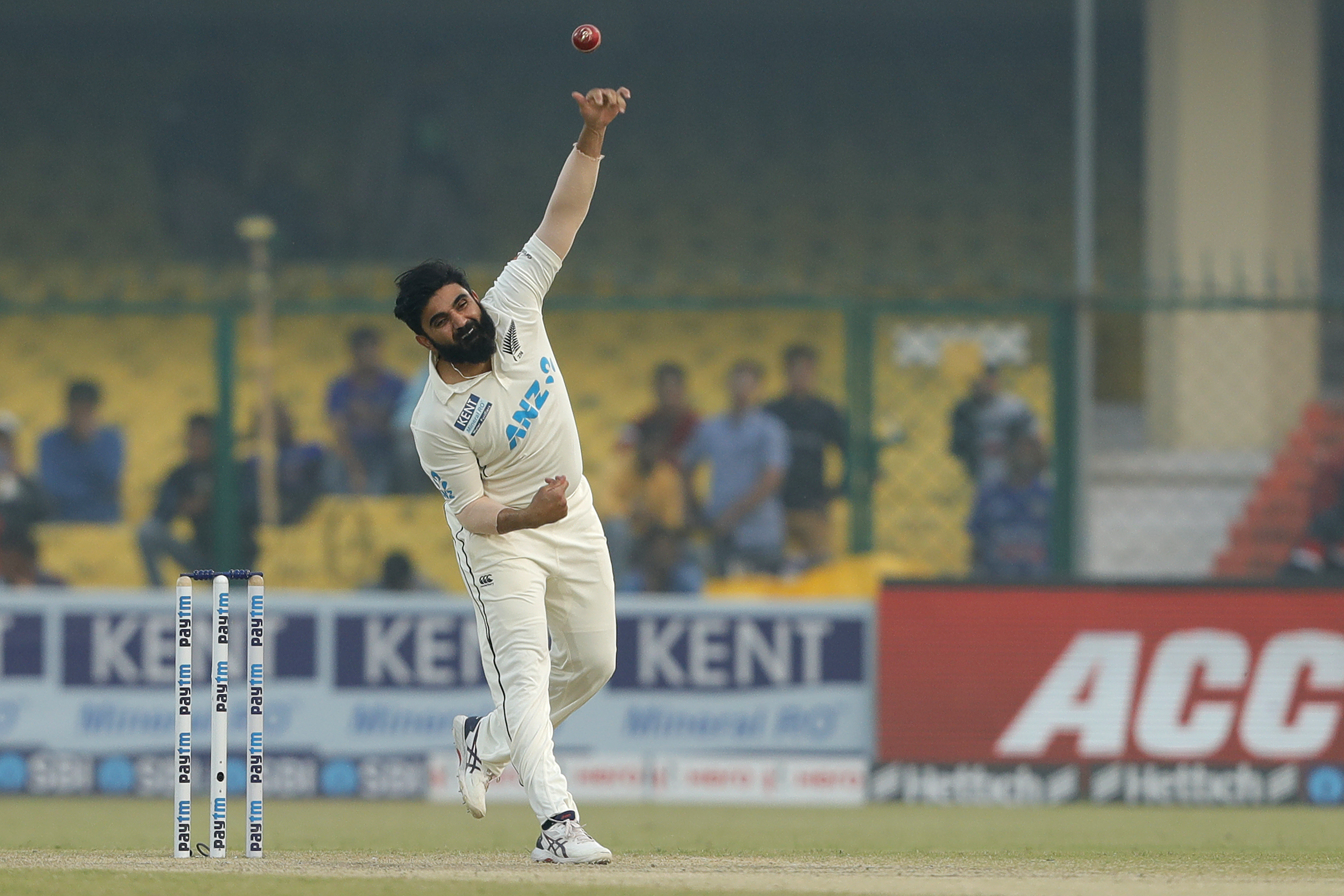 Ajaz Patel of New Zealand Bowling  during day three of the 1st Test match between India and New Zealand held at the Green Park International Stadium in Kanpur on the 27th November 2021Photo by Saikat Das / Sportzpics for BCCI