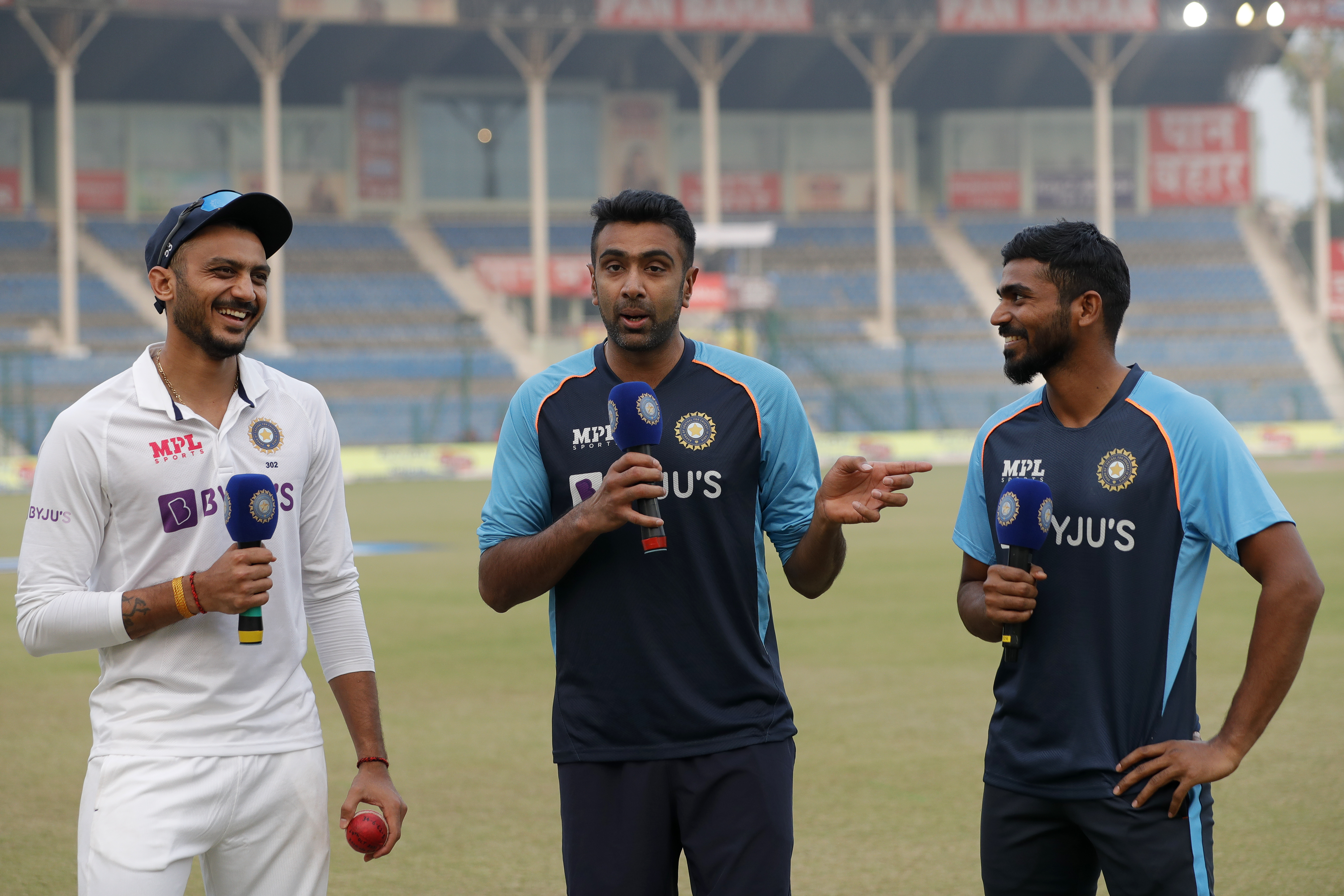 Axar Patel of India , R Ashwin of India  and K.S.Bharat wicket-keeper) of India at social media chat during day three of the 1st Test match between India and New Zealand held at the Green Park International Stadium in Kanpur on the 27th November 2021Photo by Saikat Das / Sportzpics for BCCI