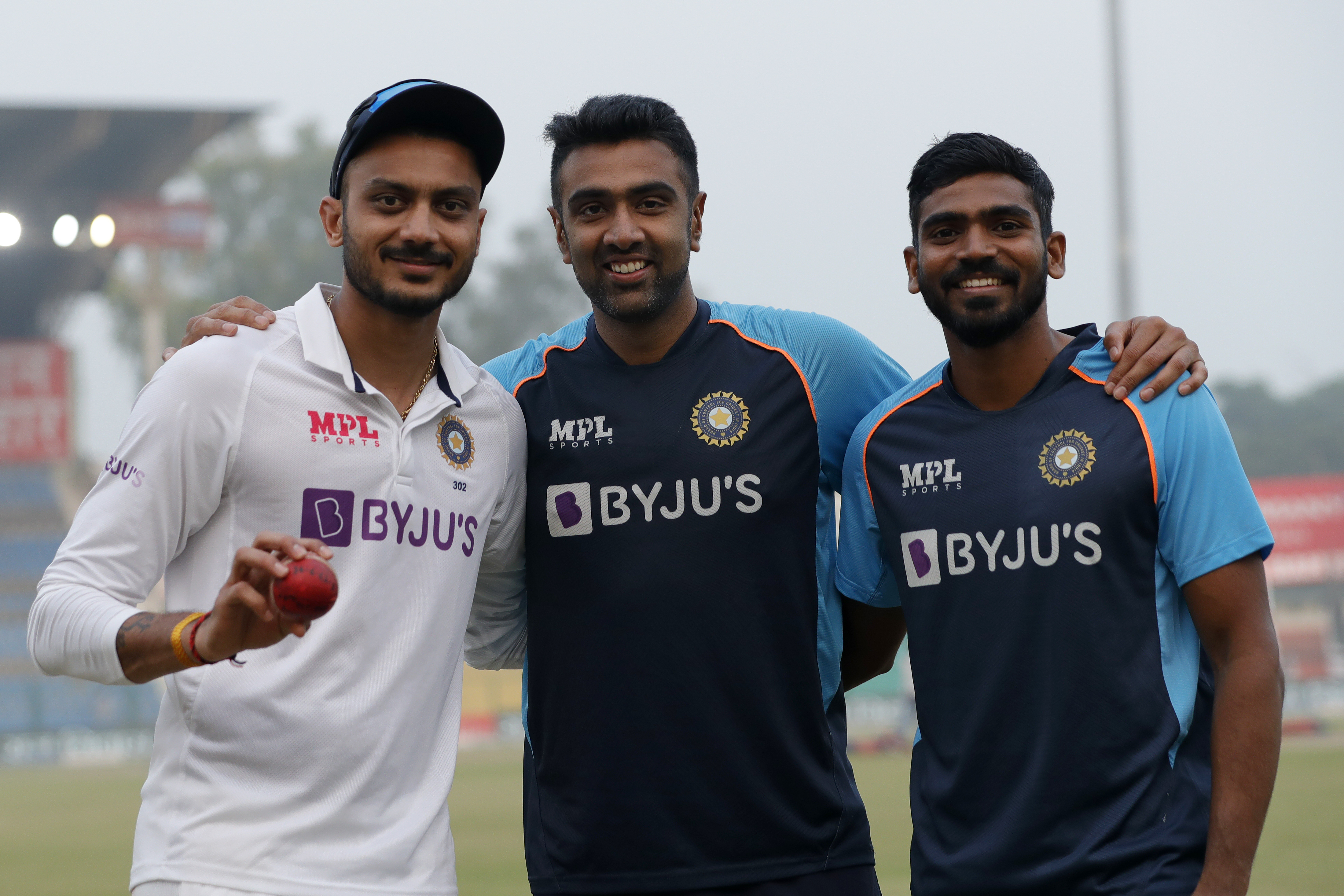 Axar Patel of India , R Ashwin of India  and K.S.Bharat wicket-keeper) of India at social media chat during day three of the 1st Test match between India and New Zealand held at the Green Park International Stadium in Kanpur on the 27th November 2021Photo by Saikat Das / Sportzpics for BCCI