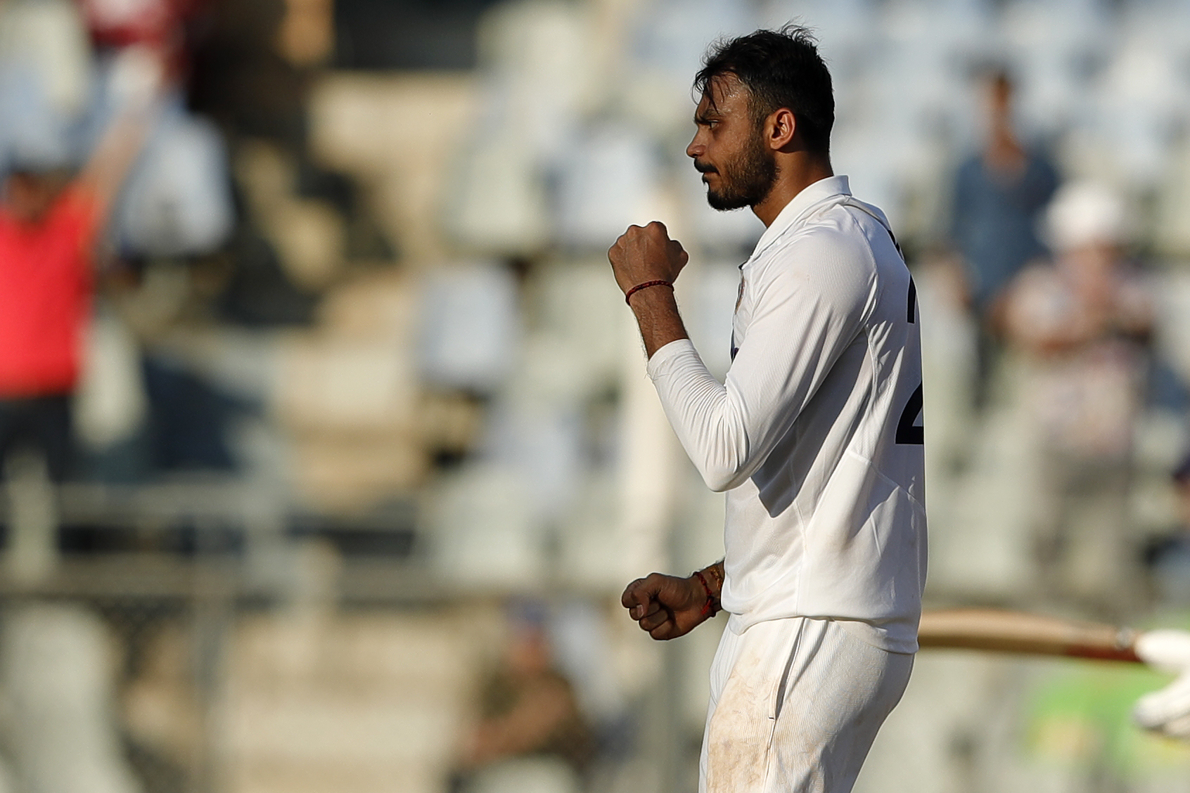 Axar Patel of India celebrating the wicket of Daryl Mitchell of New Zealand  during day three of the 2nd test match between India and New Zealand held at the Wankhede Stadium in Mumbai on the 5th December 2021Photo by Saikat Das / Sportzpics for BCCI