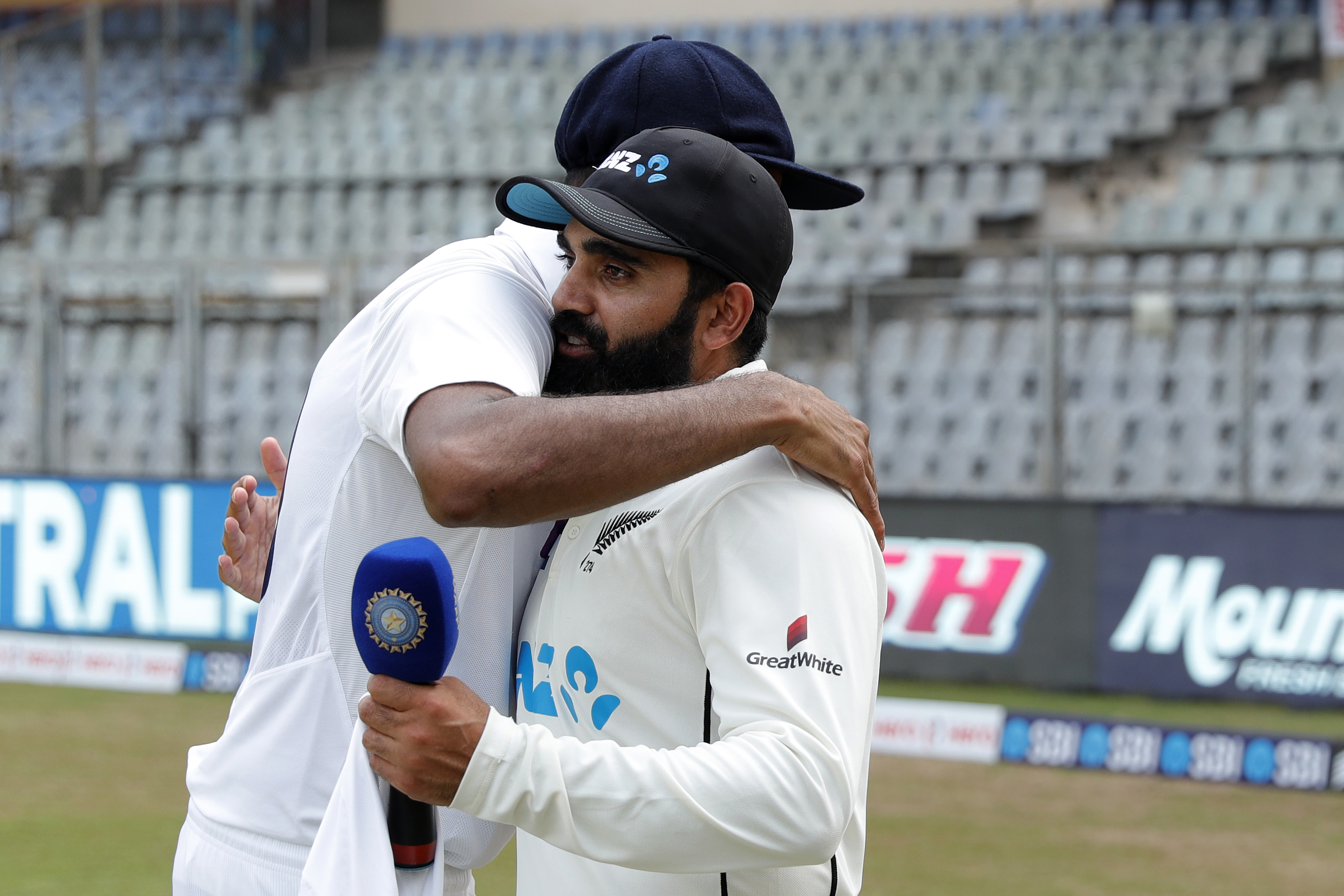 R Ashwin of India with Ajaz Patel of New Zealand at digital interview during day four of the 2nd test match between India and New Zealand held at the Wankhede Stadium in Mumbai on the 6th December 2021Photo by Saikat Das / Sportzpics for BCCI