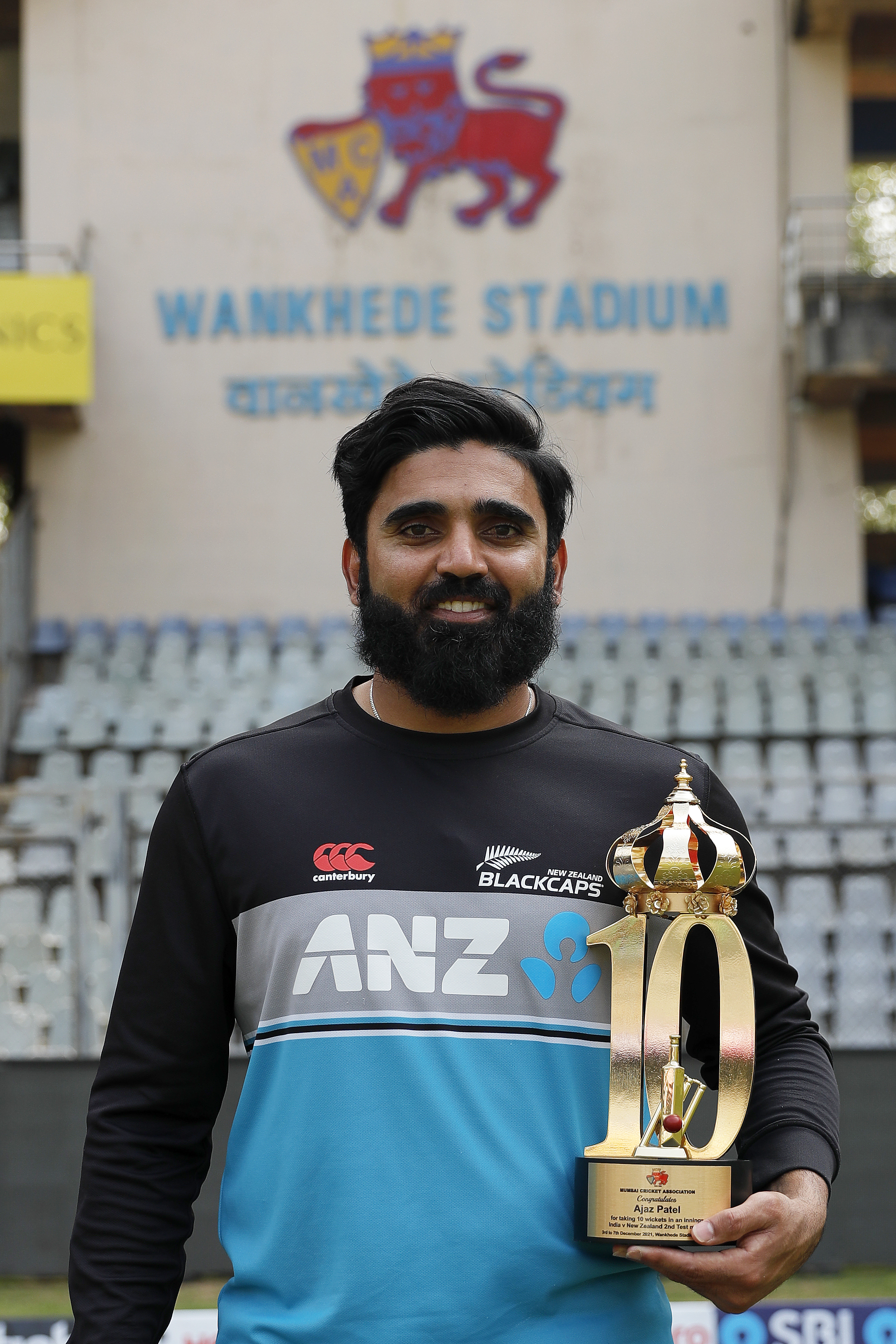 Ajaz Patel of New Zealand  during day four of the 2nd test match between India and New Zealand held at the Wankhede Stadium in Mumbai on the 6th December 2021Photo by Saikat Das / Sportzpics for BCCI