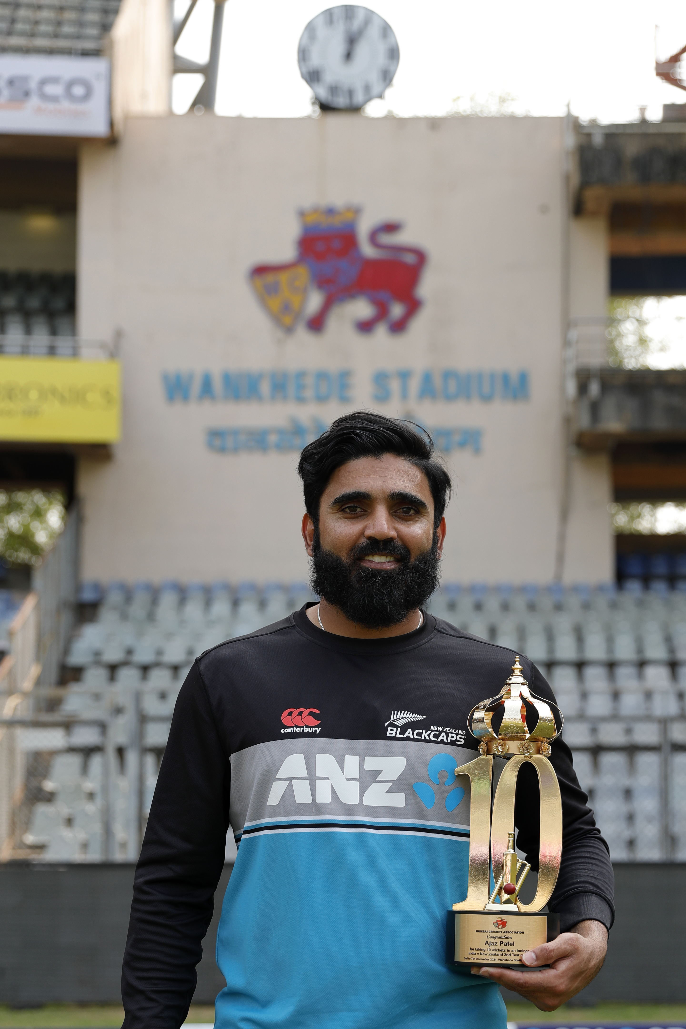 Ajaz Patel of New Zealand  during day four of the 2nd test match between India and New Zealand held at the Wankhede Stadium in Mumbai on the 6th December 2021Photo by Saikat Das / Sportzpics for BCCI