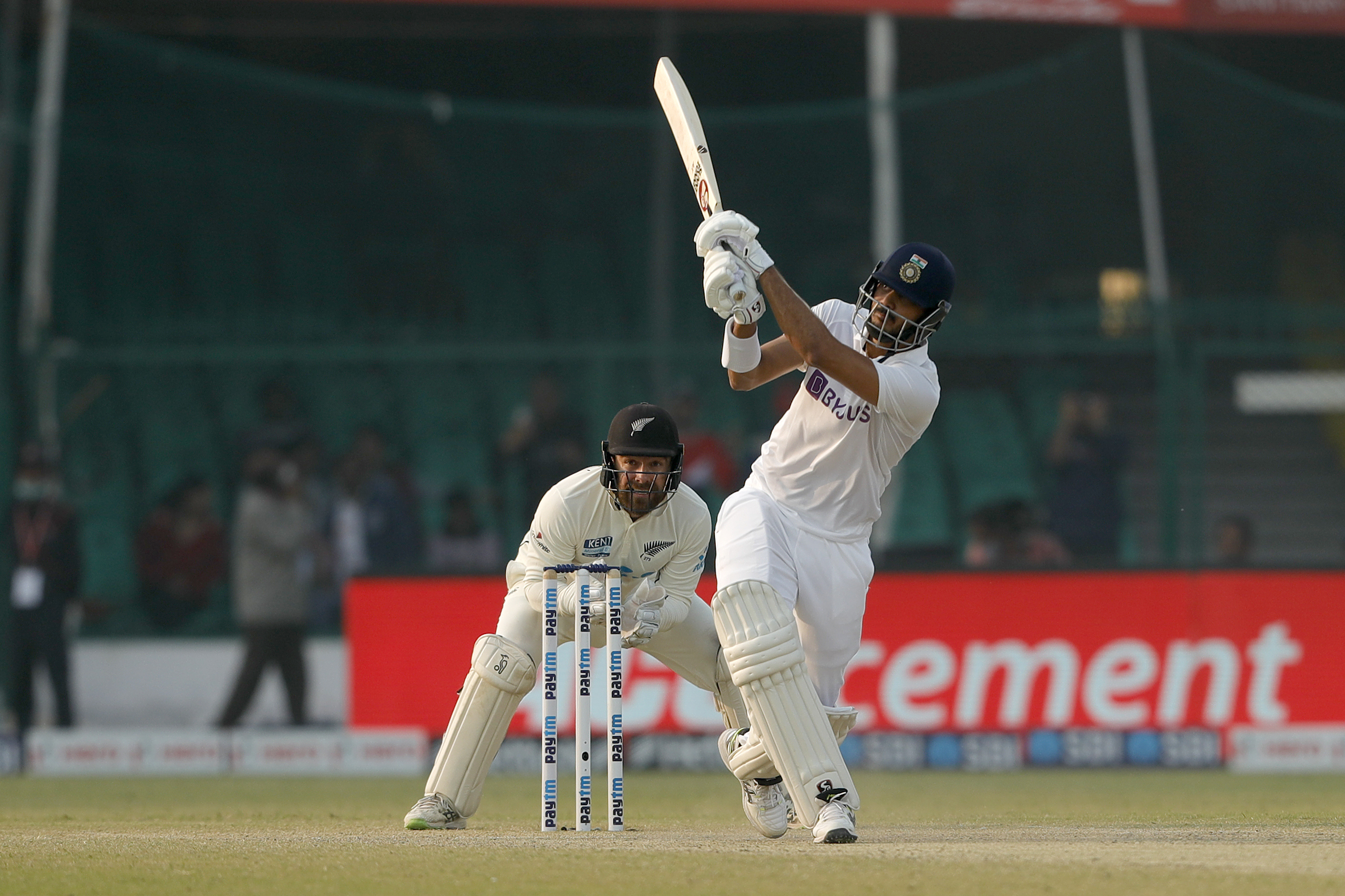 Axar Patel of India hitting a over boundary  during day four of the 1st Test match between India and New Zealand held at the Green Park International Stadium in Kanpur on the 28th November 2021Photo by Saikat Das / Sportzpics for BCCI