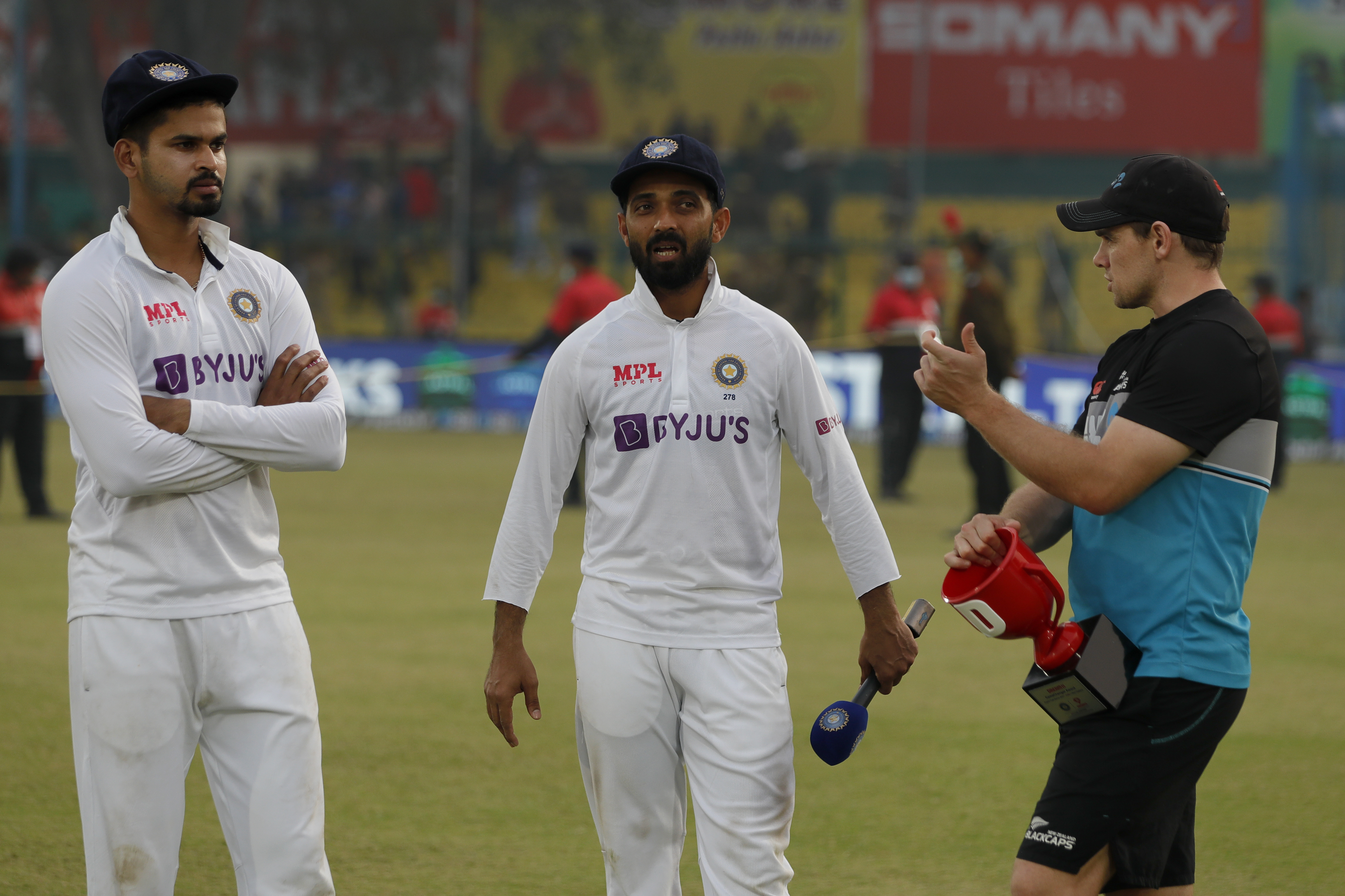 Shreyas Iyer of India , Ajinkya Rahane (Captain) of India and Tom Latham of New Zealand  during day five of the 1st Test match between India and New Zealand held at the Green Park International Stadium in Kanpur on the 29th November 2021Photo by Saikat Das  / Sportzpics for BCCI