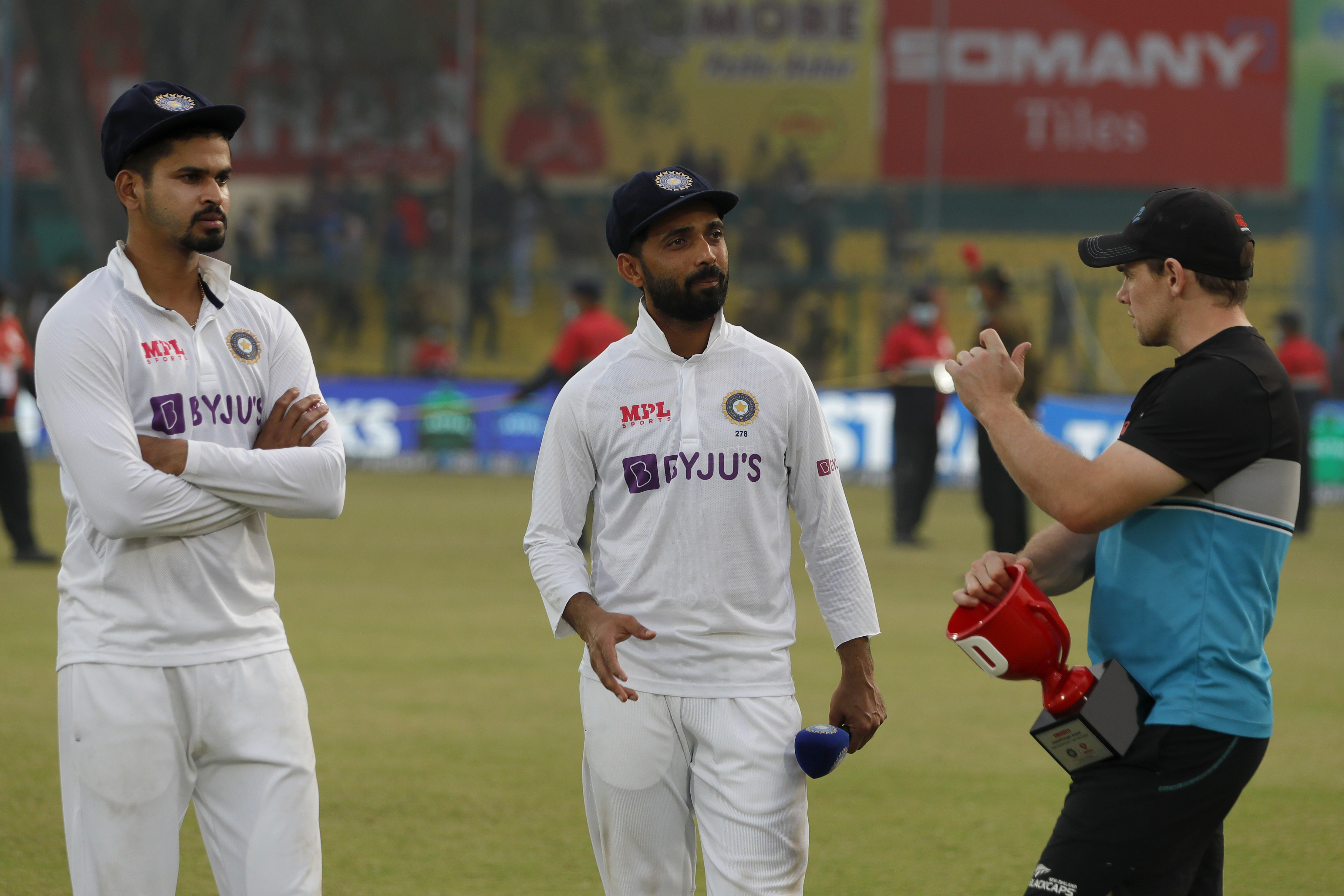 Shubman Gill of India , Ajinkya Rahane (Captain) of India  and Tom Latham of New Zealand  during day five of the 1st Test match between India and New Zealand held at the Green Park International Stadium in Kanpur on the 29th November 2021Photo by Saikat Das  / Sportzpics for BCCI