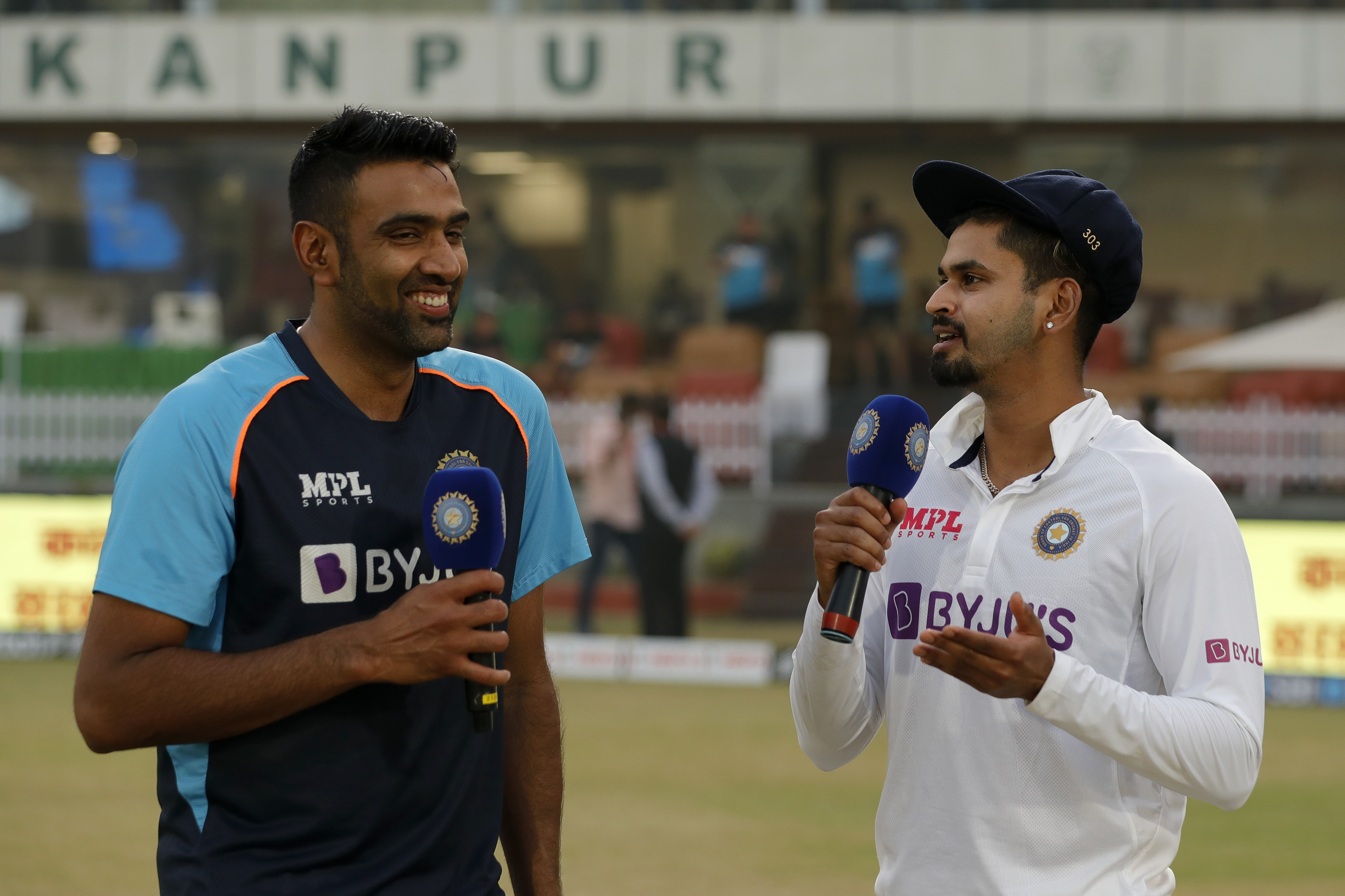 Shreyas Iyer of India and R Ashwin of India at social media talk during day five of the 1st Test match between India and New Zealand held at the Green Park International Stadium in Kanpur on the 29th November 2021Photo by Saikat Das  / Sportzpics for BCCI