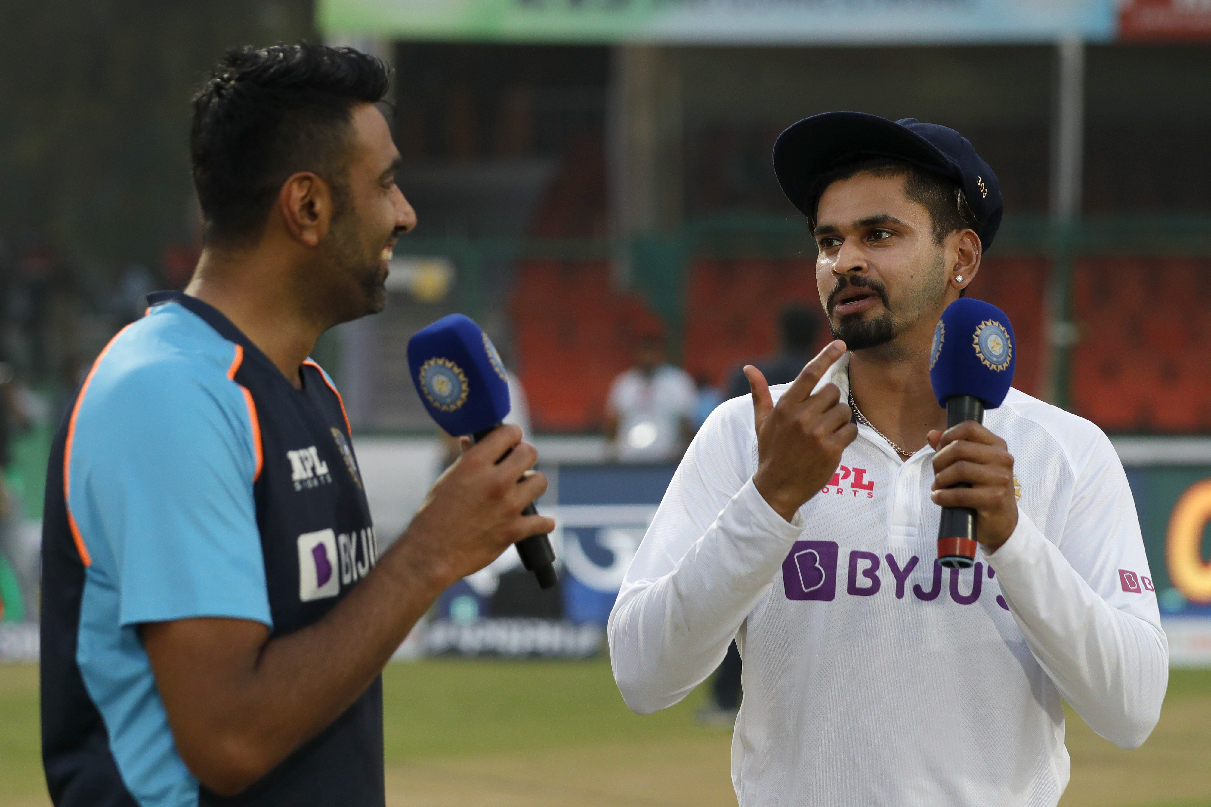 Shreyas Iyer of India and R Ashwin of India at social media talk during day five of the 1st Test match between India and New Zealand held at the Green Park International Stadium in Kanpur on the 29th November 2021Photo by Saikat Das  / Sportzpics for BCCI