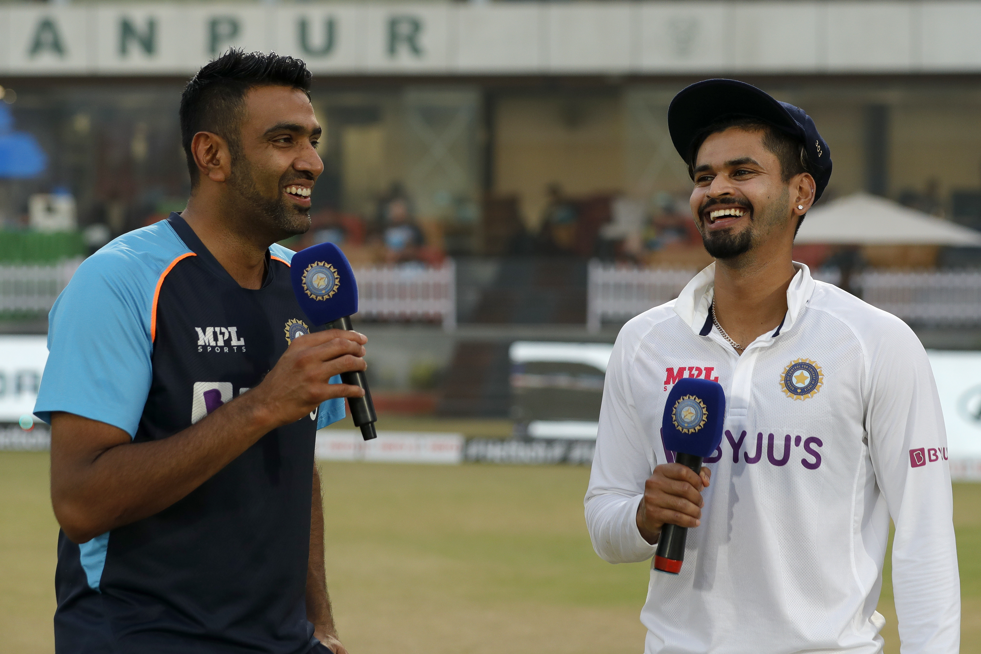 Shreyas Iyer of India and R Ashwin of India at social media talk during day five of the 1st Test match between India and New Zealand held at the Green Park International Stadium in Kanpur on the 29th November 2021Photo by Saikat Das  / Sportzpics for BCCI