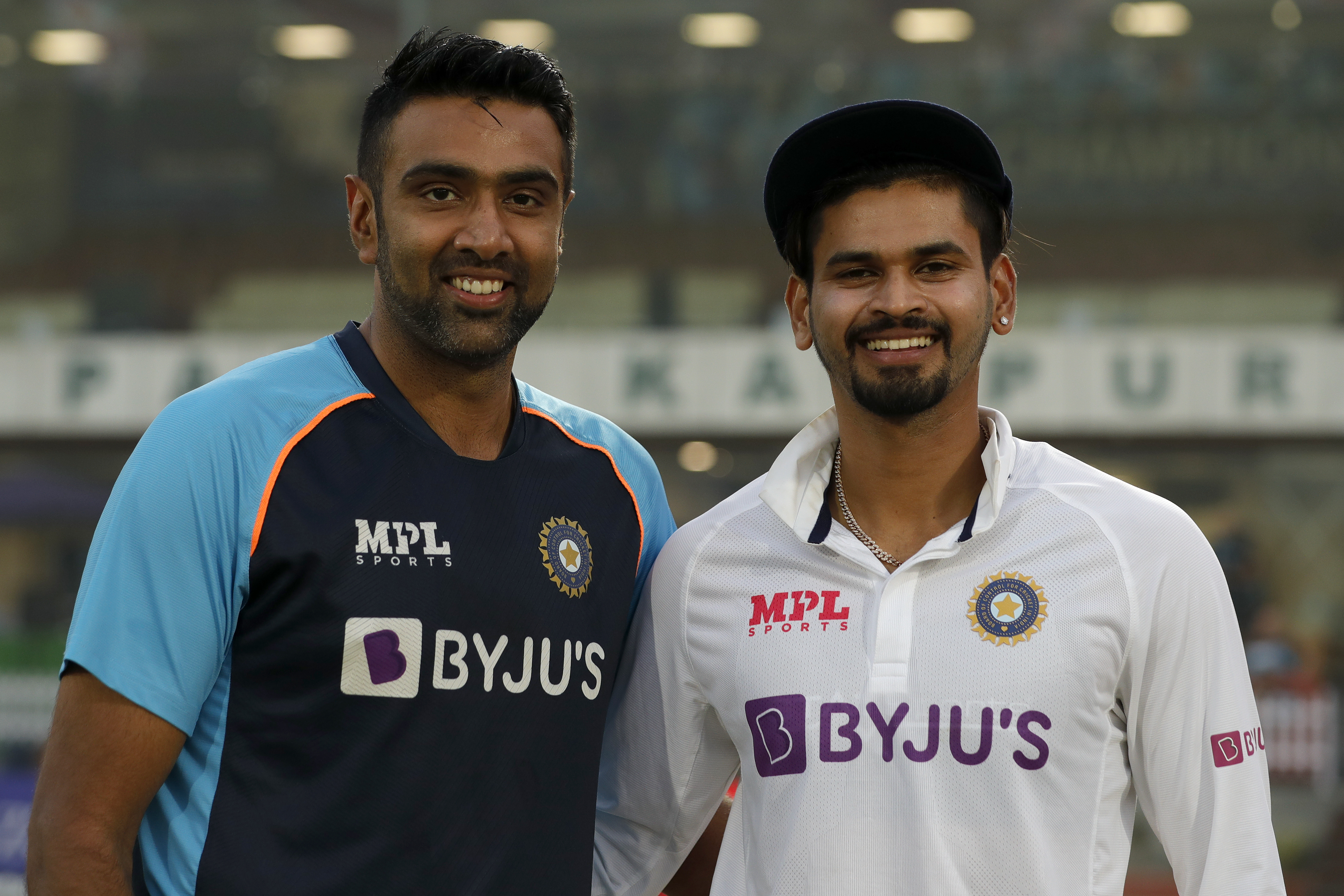 Shreyas Iyer of India and R Ashwin of India at social media talk during day five of the 1st Test match between India and New Zealand held at the Green Park International Stadium in Kanpur on the 29th November 2021Photo by Saikat Das  / Sportzpics for BCCI
