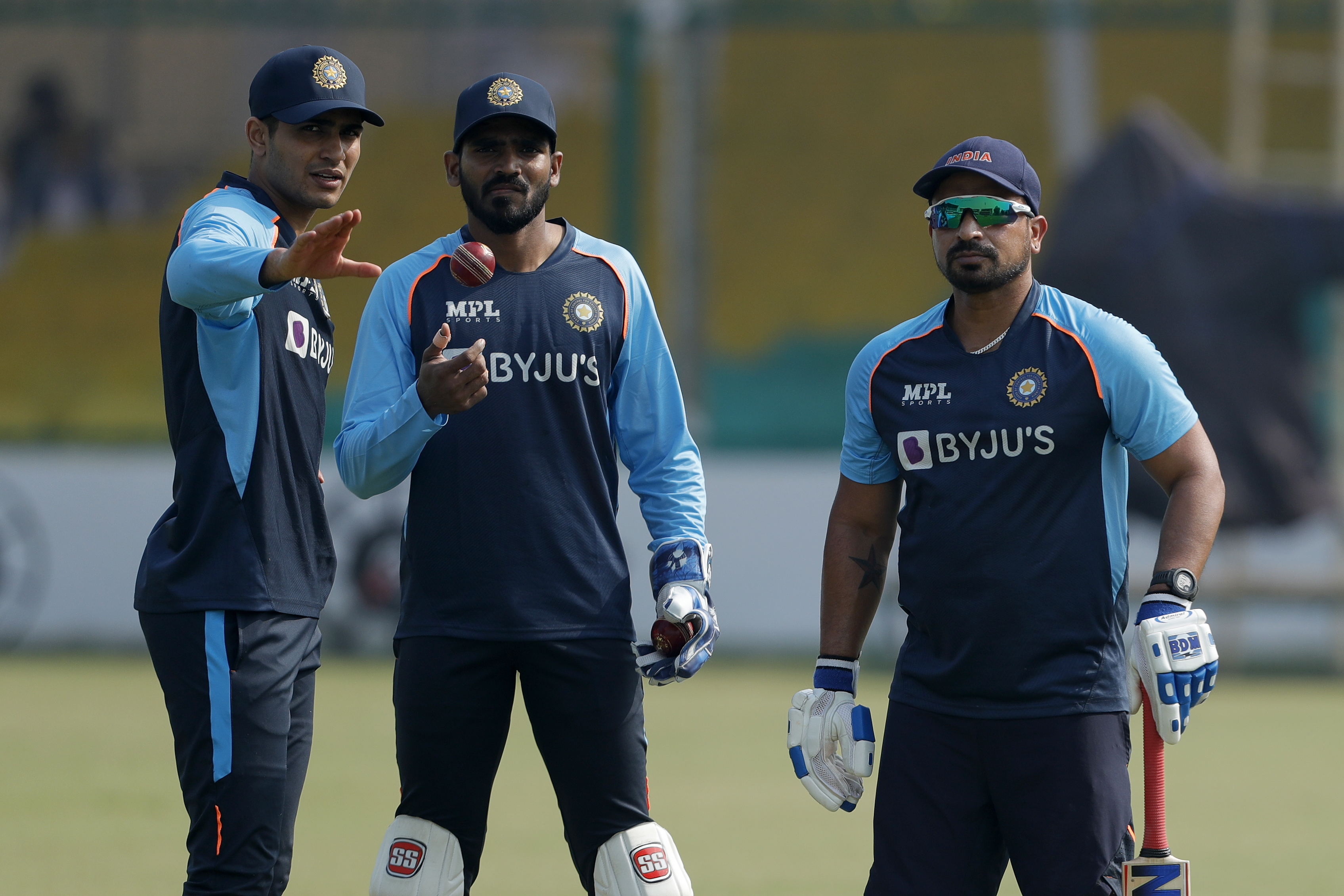 Shubman Gill of India, KS Bharat (wicket-keeper) of India and T Dilip fielding Coach of India  during the India team practice session held at the Green Park International Stadium in Kanpur on the 24th November 2021Photo by Saikat Das / Sportzpics for BCCI