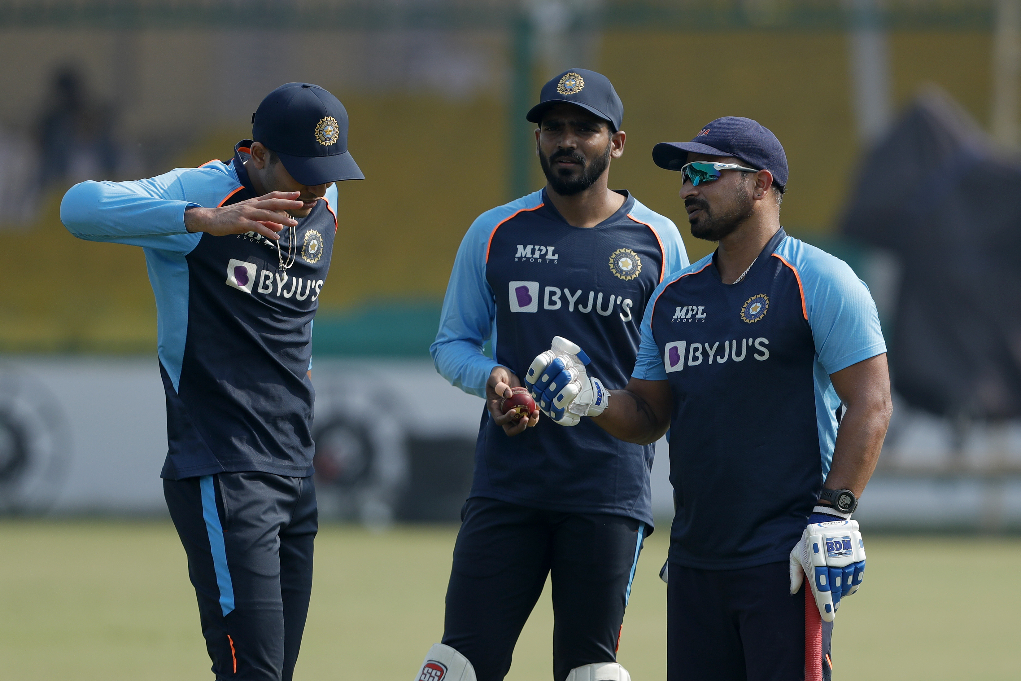 Shubman Gill of India, KS Bharat (wicket-keeper) of India and T Dilip fielding Coach of India  during the India team practice session held at the Green Park International Stadium in Kanpur on the 24th November 2021Photo by Saikat Das / Sportzpics for BCCI