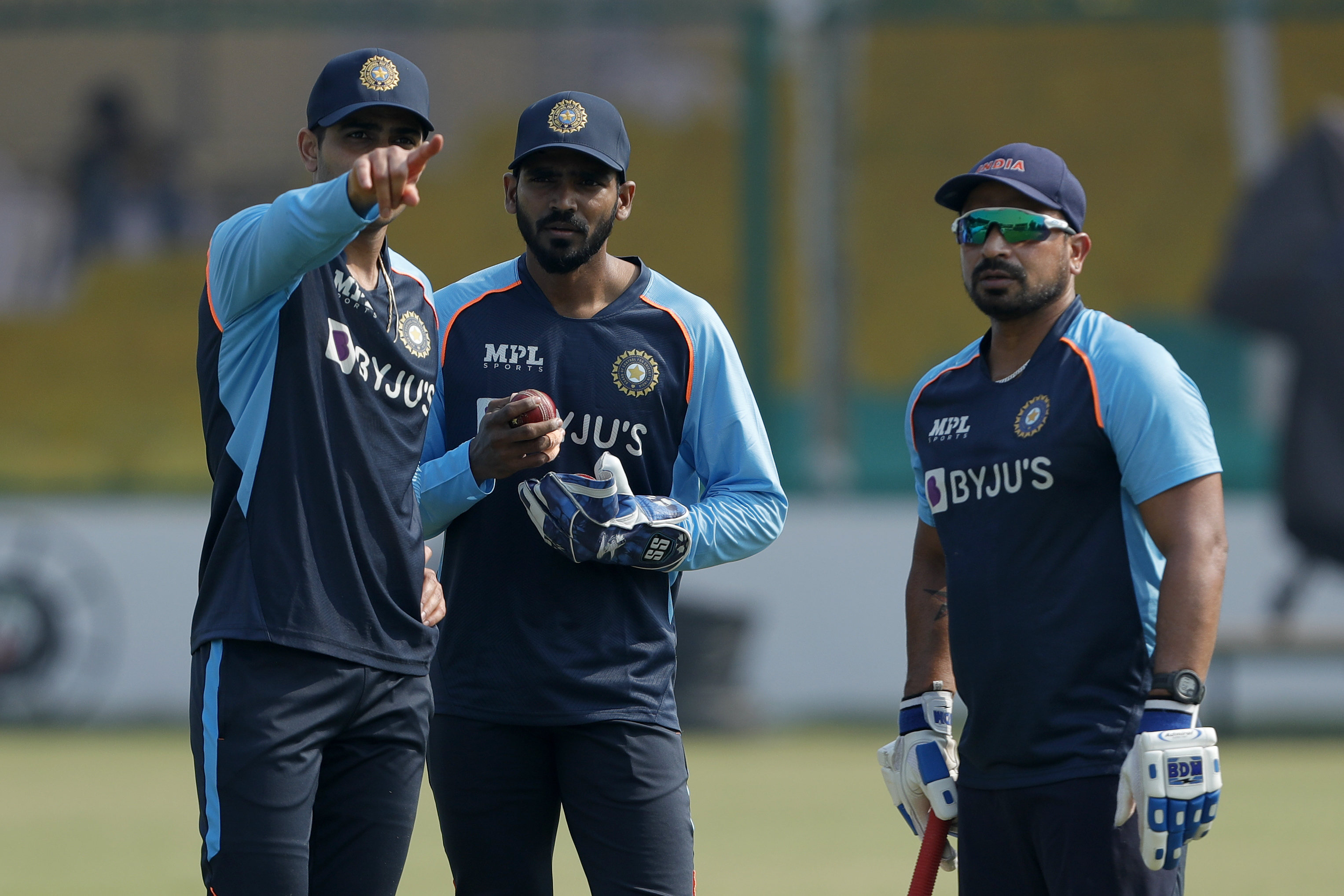 Shubman Gill of India, KS Bharat (wicket-keeper) of India and T Dilip fielding Coach of India  during the India team practice session held at the Green Park International Stadium in Kanpur on the 24th November 2021Photo by Saikat Das / Sportzpics for BCCI