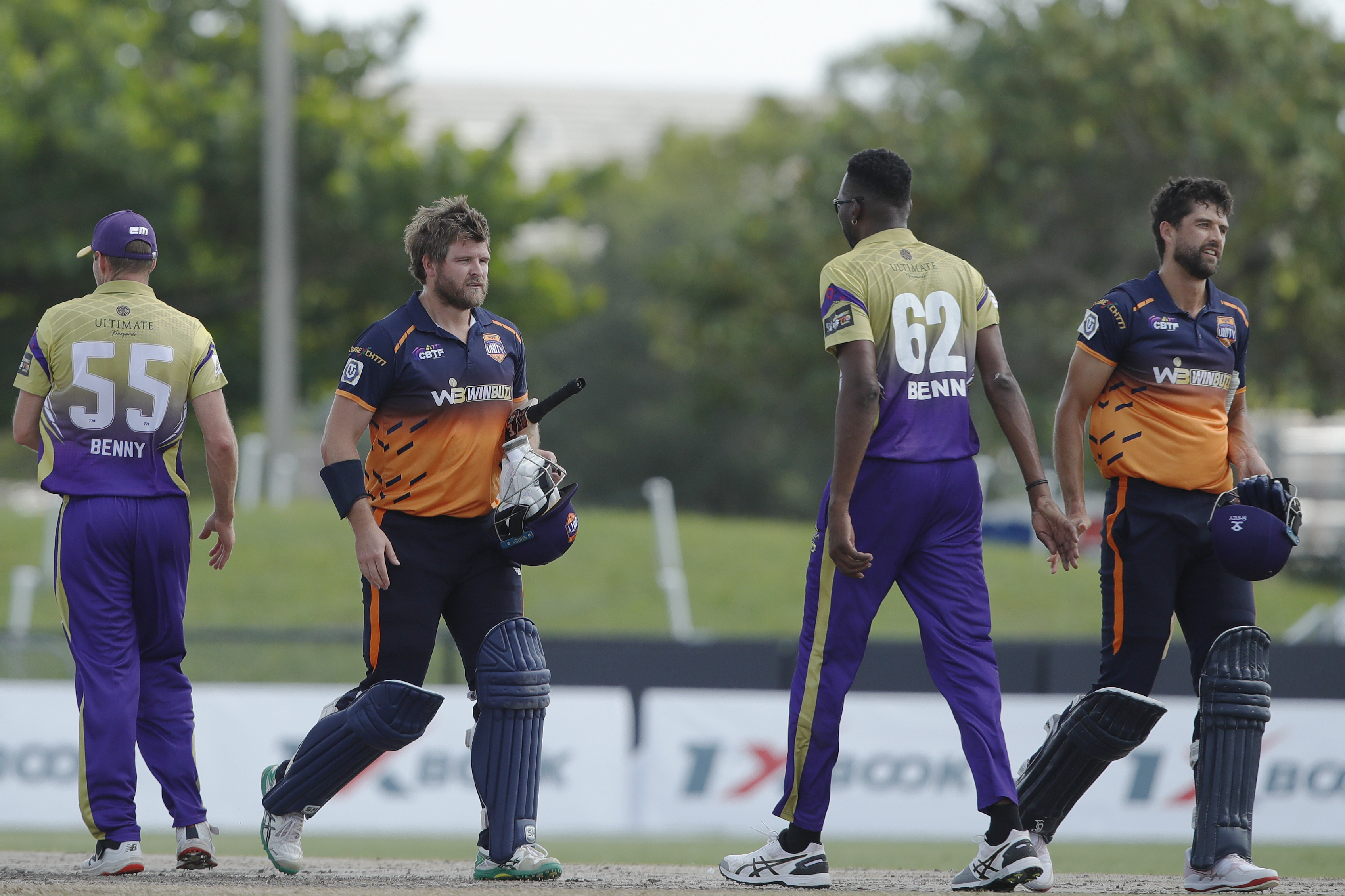 Morrisville Unity celebrating win during match 10 of the US Masters T10 League between the Morrisville Unity and the California Knights at the Central Broward Park in Lauderhill, Florida on the 22nd August 2023 Photo by Saikat Das / ACEIMAGES for US Masters T10