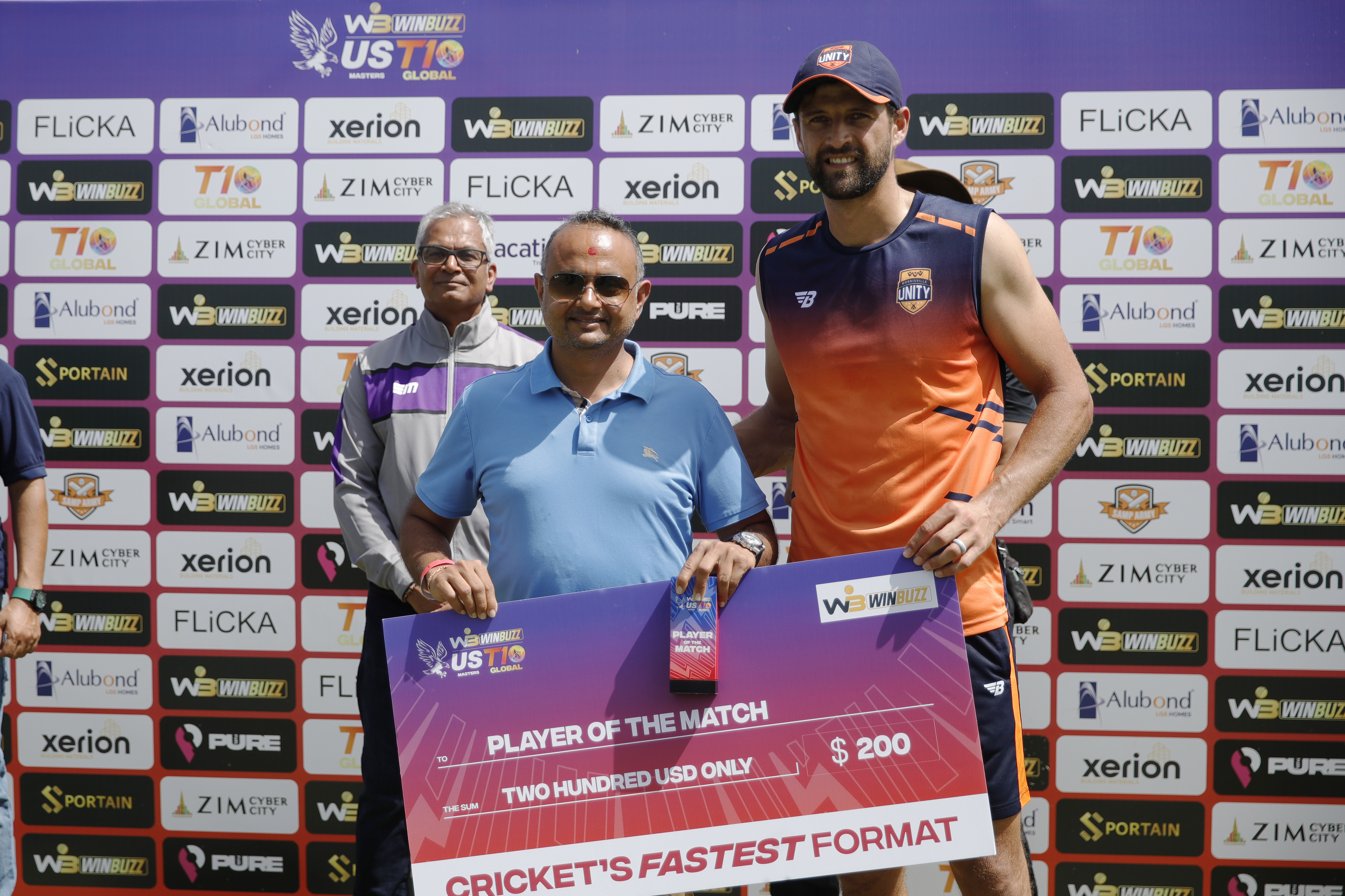 Obus Pienaar of Morrisville Unity with Player of the Match awardduring match 10 of the US Masters T10 League between the Morrisville Unity and the California Knights at the Central Broward Park in Lauderhill, Florida on the 22nd August 2023 Photo by Saikat Das / ACEIMAGES for US Masters T10