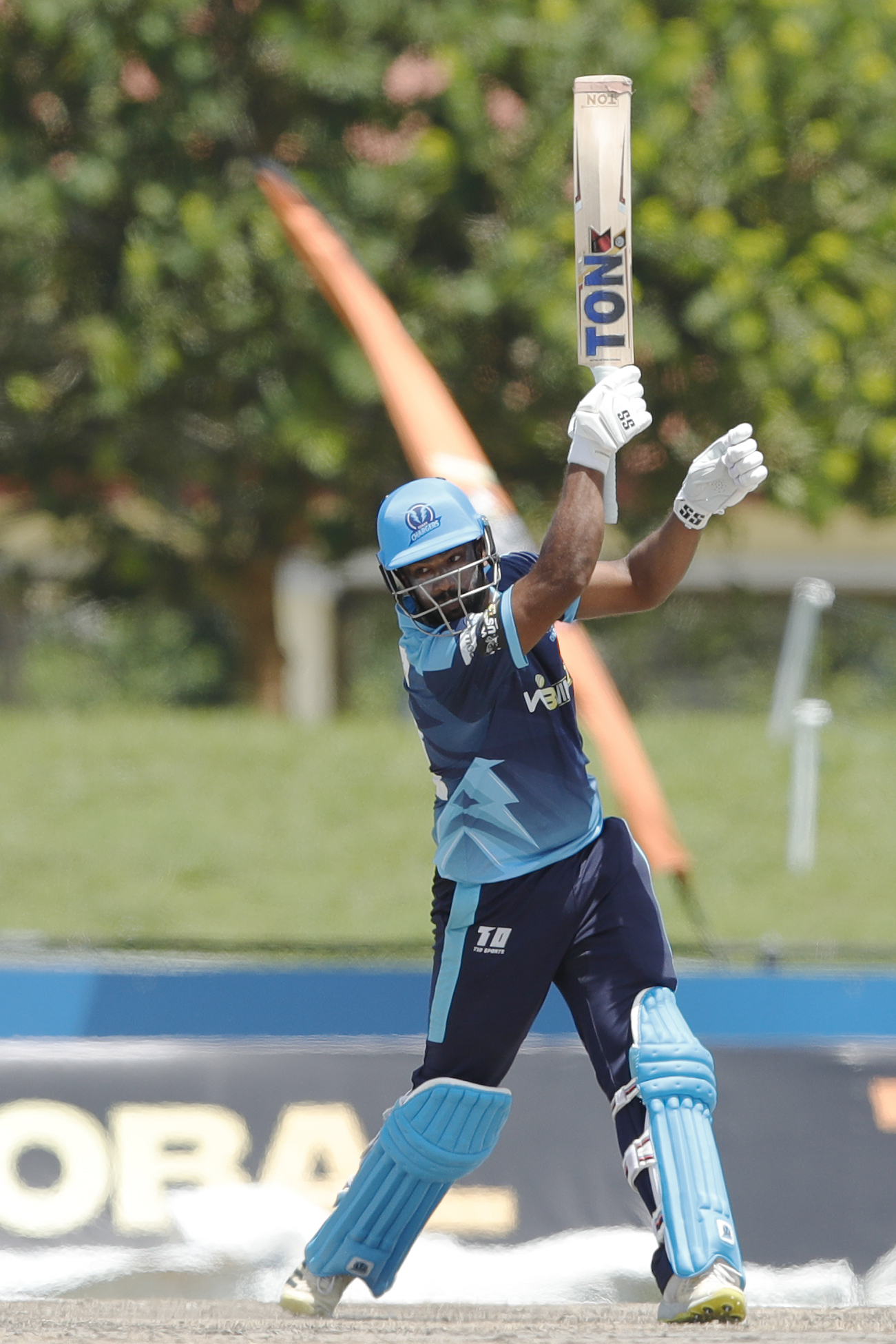 Mukhtar Ahmed of Texas Chargers hitting a four during match 11 of the US Masters T10 League between the Texas Chargers and the NJ Tritons at the Central Broward Park in Lauderhill, Florida on the 22nd August 2023 Photo by Saikat Das / ACEIMAGES for US Masters T10